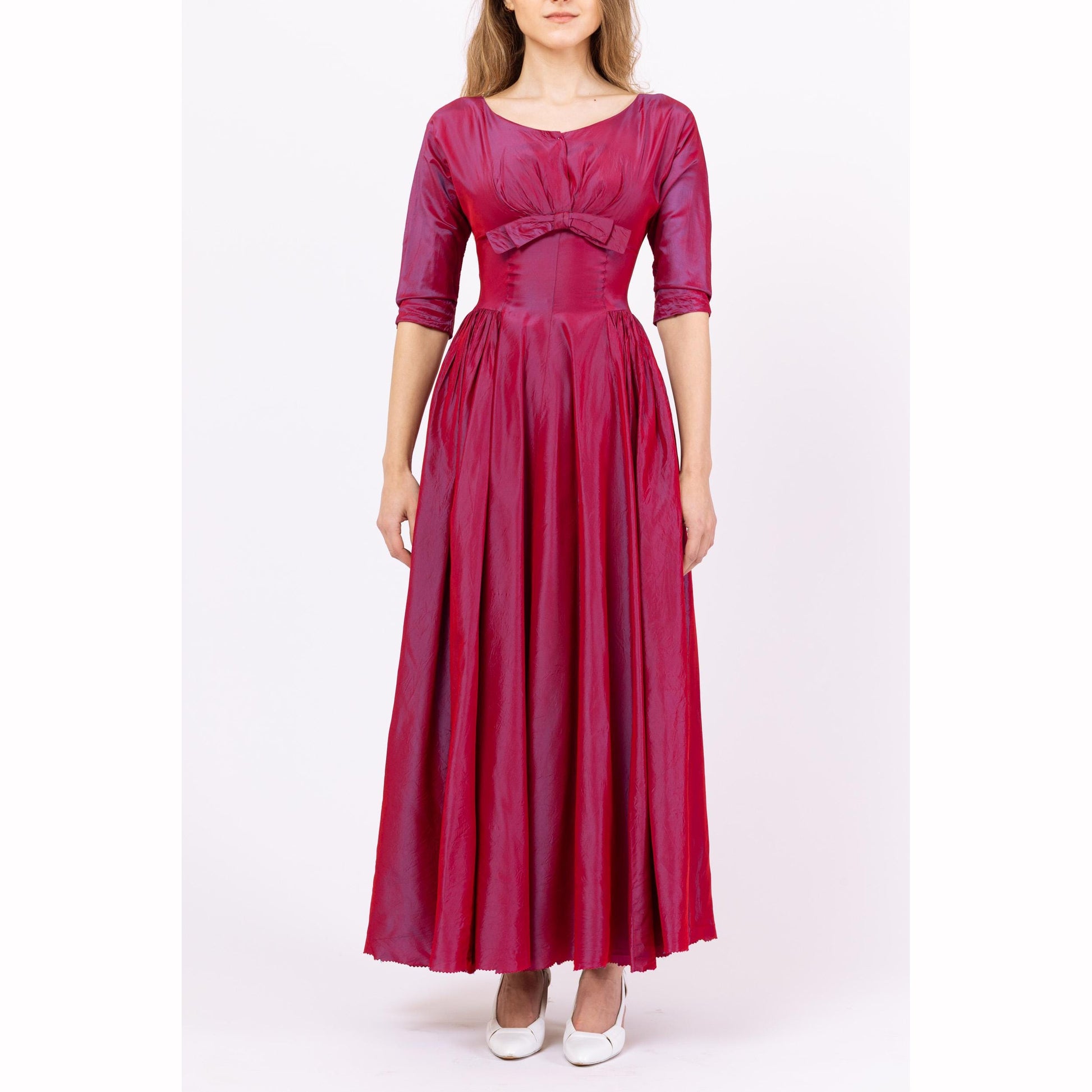 Vintage 1950s Magenta Luminescent Taffeta Evening Gown - XXS | 50s Old Hollywood Glam, Formal 3/4 Sleeve Maxi Party Dress