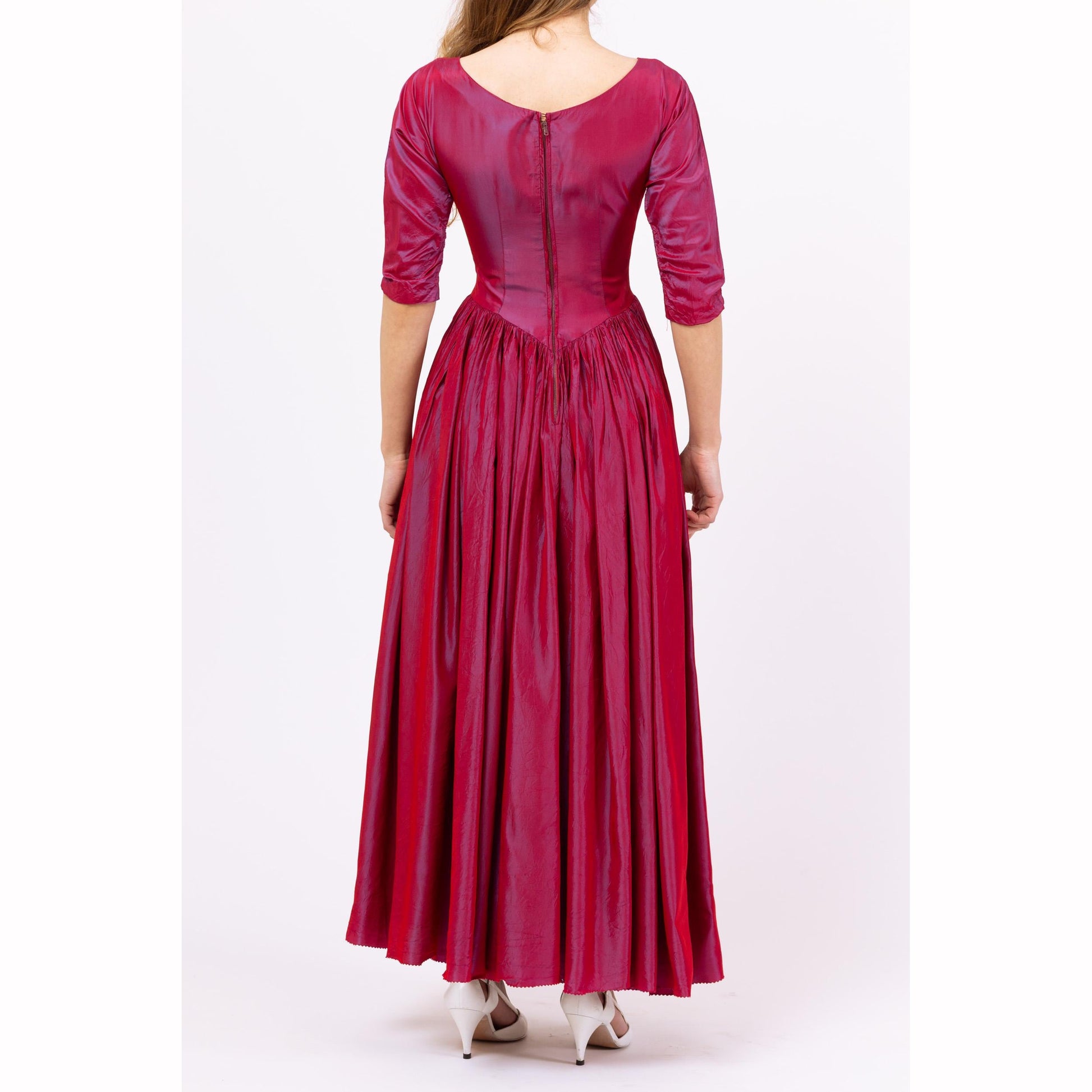 Vintage 1950s Magenta Luminescent Taffeta Evening Gown - XXS | 50s Old Hollywood Glam, Formal 3/4 Sleeve Maxi Party Dress