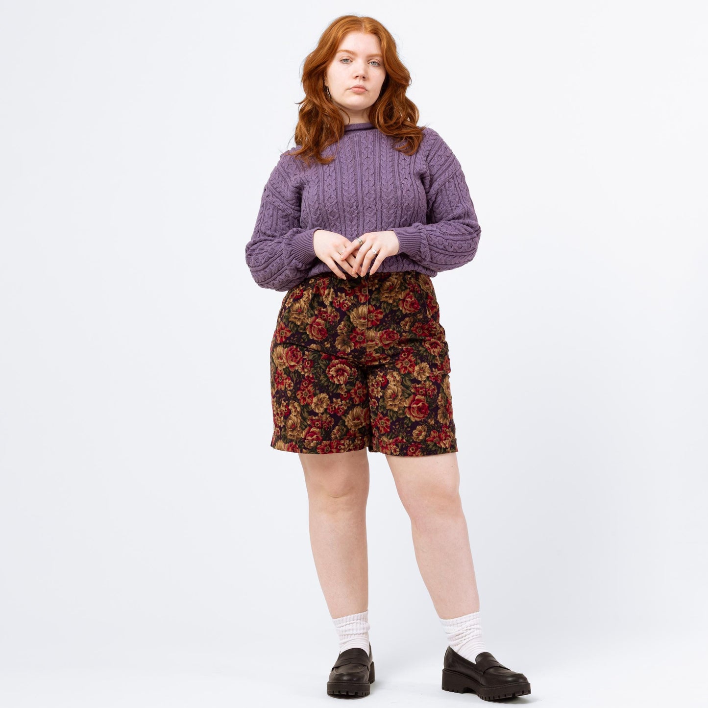 Vintage 90s Jewel Tone Floral Corduroy High Waisted Shorts - Medium, 29"-31" | Grunge Cuffed Pleated Long Shorts, Wide Leg Casual Shorts