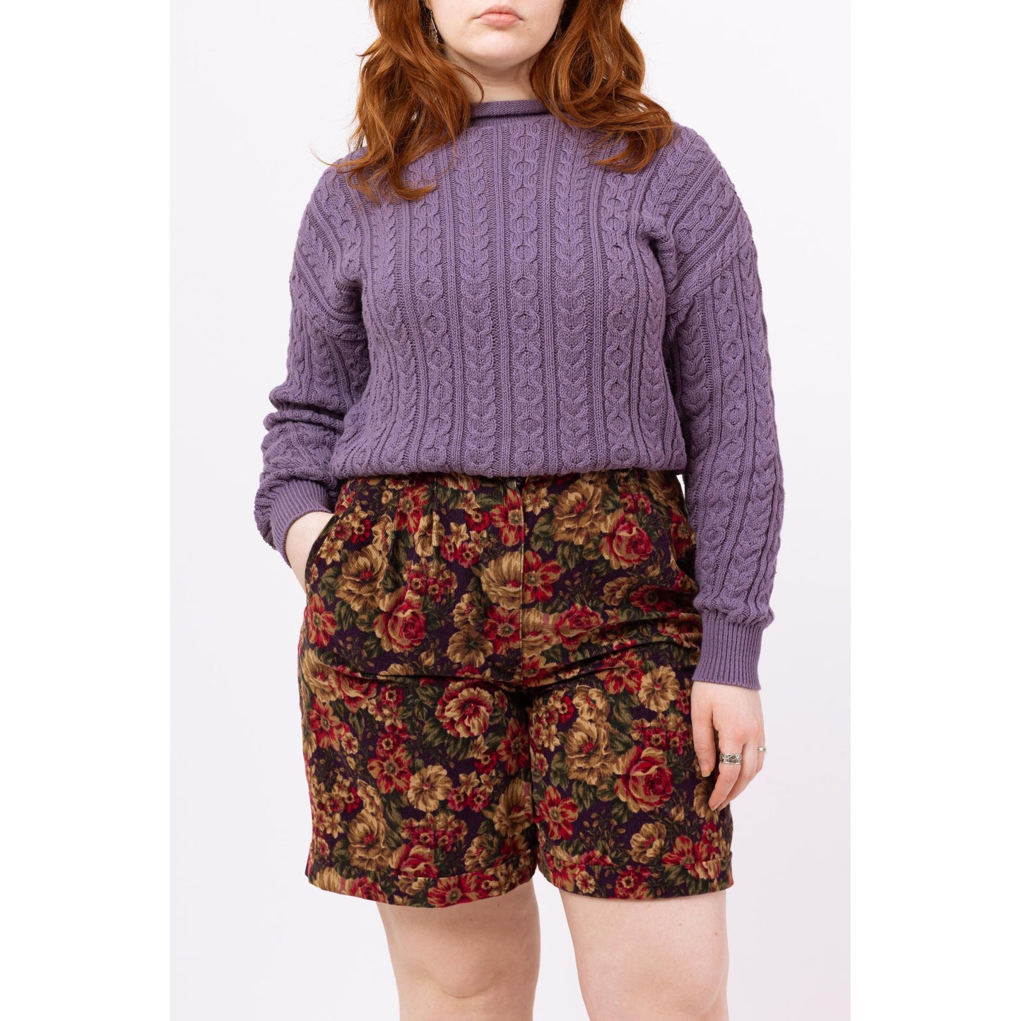 Vintage 90s Jewel Tone Floral Corduroy High Waisted Shorts - Medium, 29"-31" | Grunge Cuffed Pleated Long Shorts, Wide Leg Casual Shorts