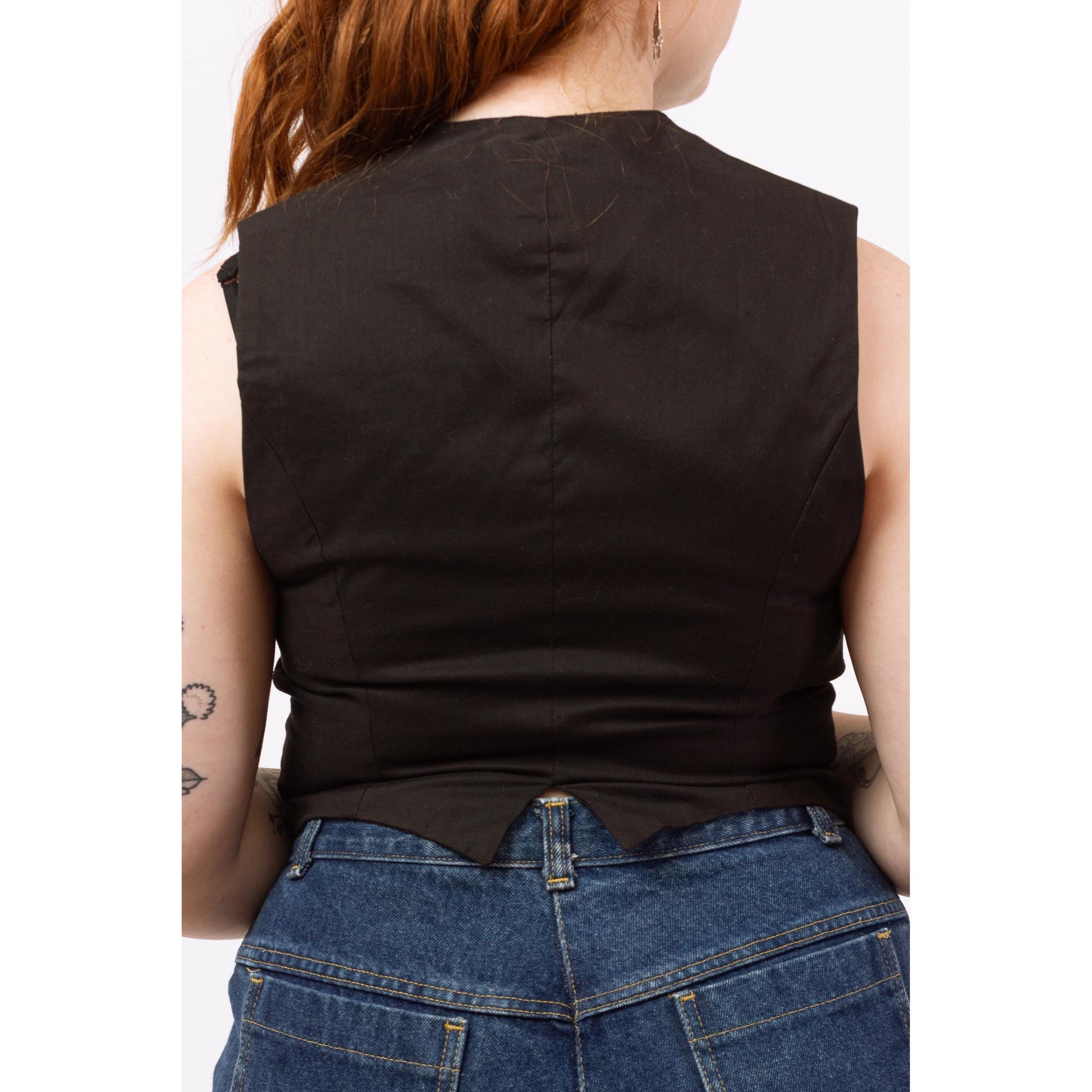Vintage 90s Black Linen Floral Embroidered Vest - Medium | Boho Crop Top, Button Up V Neck Sleeveless Shirt