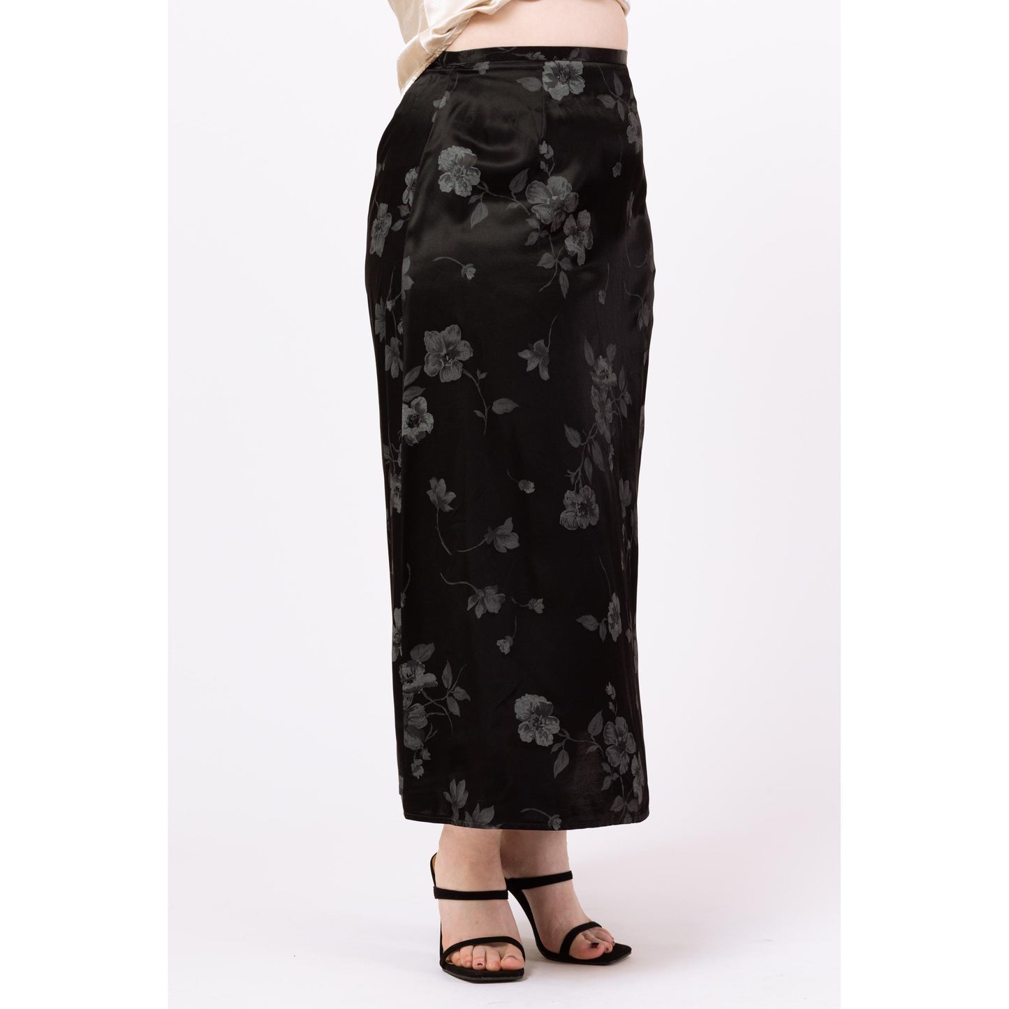 Vintage 90s Black & Grey Floral Satin Maxi Skirt - Large, 31.5" Waist | Boho A Line Long Skirt, Gothic Grunge Skirt