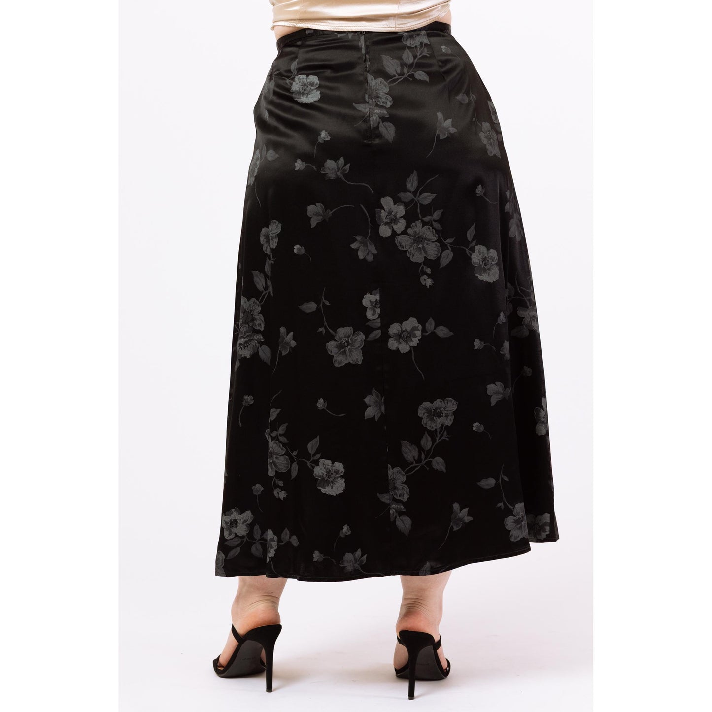 Vintage 90s Black & Grey Floral Satin Maxi Skirt - Large, 31.5" Waist | Boho A Line Long Skirt, Gothic Grunge Skirt