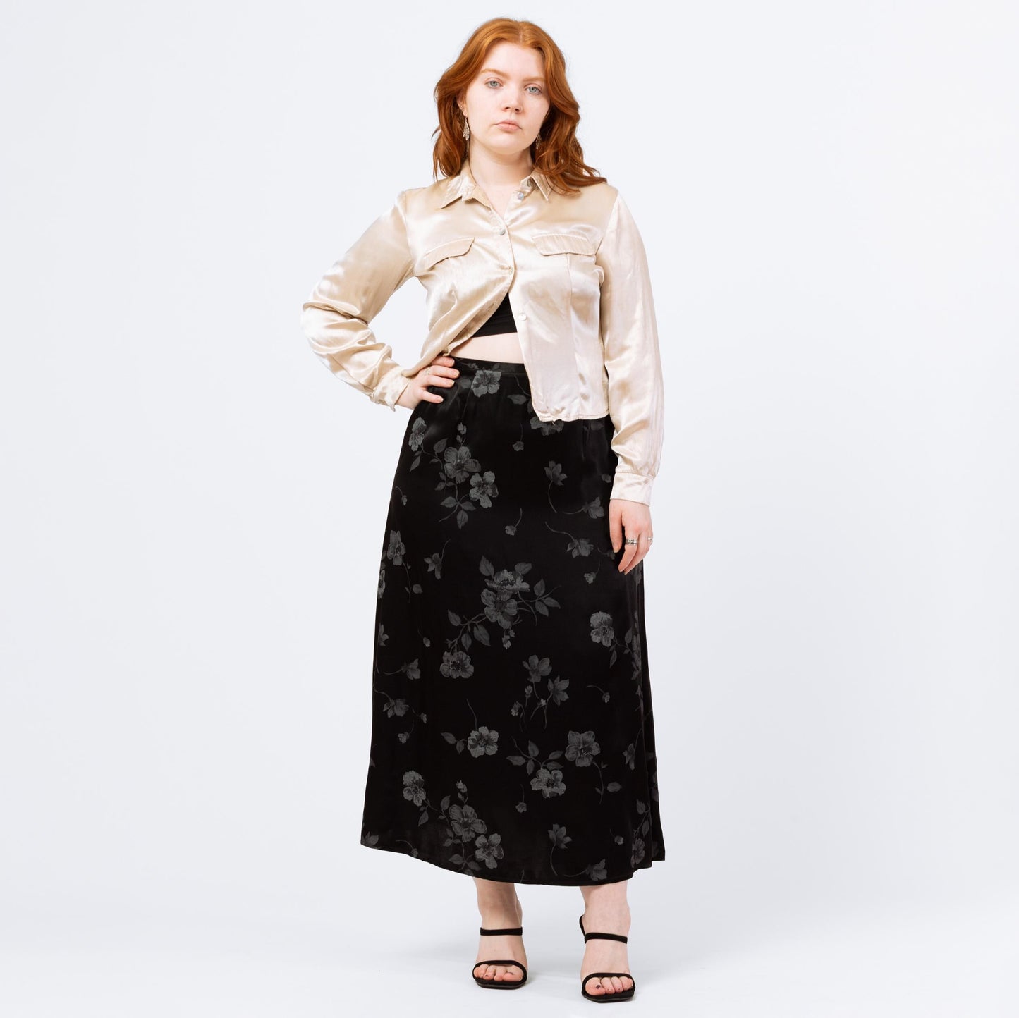 Vintage 90s Black & Grey Floral Satin Maxi Skirt - Large, 31.5" Waist | Boho A Line Long Skirt, Gothic Grunge Skirt