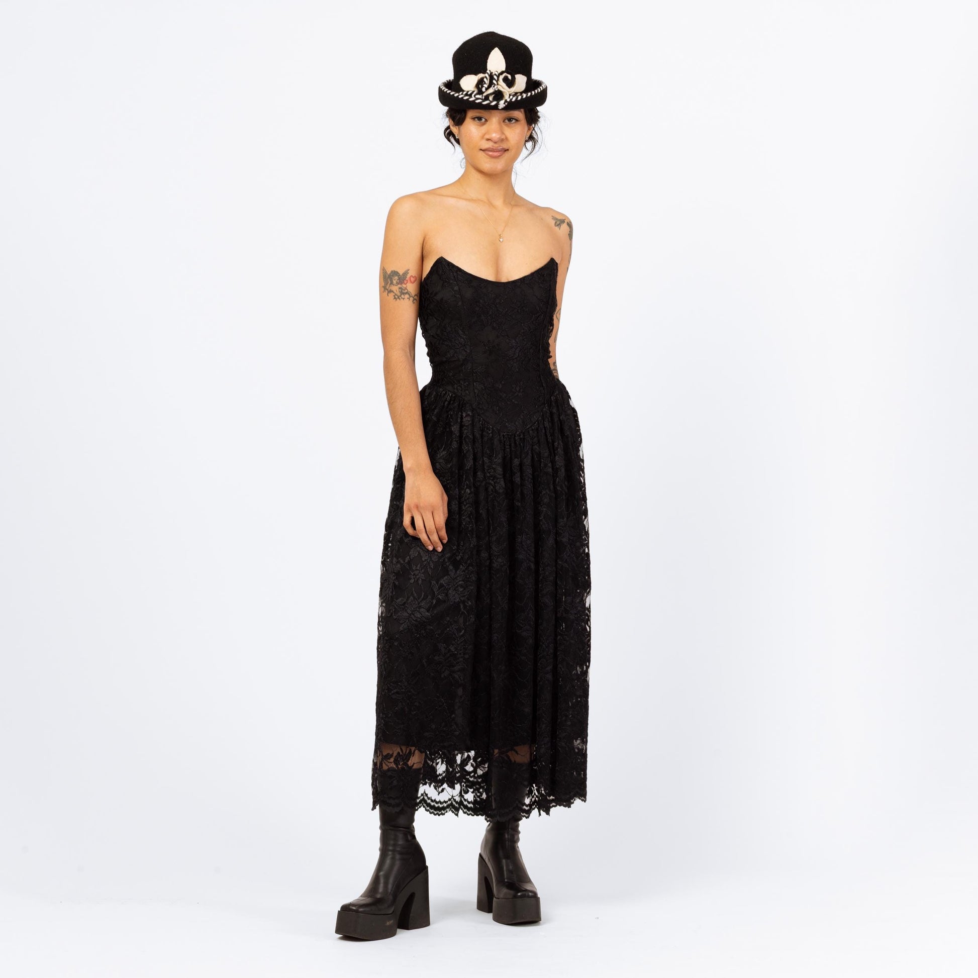 Vintage 80s Betsey Johnson Punk Label Black Lace Strapless Party Dress - Medium | Gothic Fit & Flare Maxi Dress, Rare Designer Dress