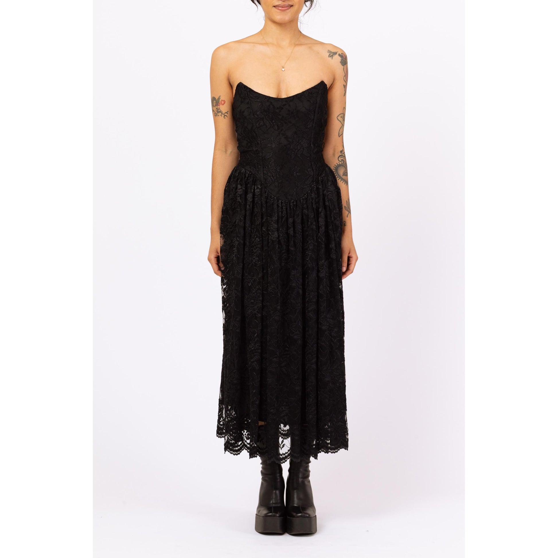 Vintage 80s Betsey Johnson Punk Label Black Lace Strapless Party Dress - Medium | Gothic Fit & Flare Maxi Dress, Rare Designer Dress