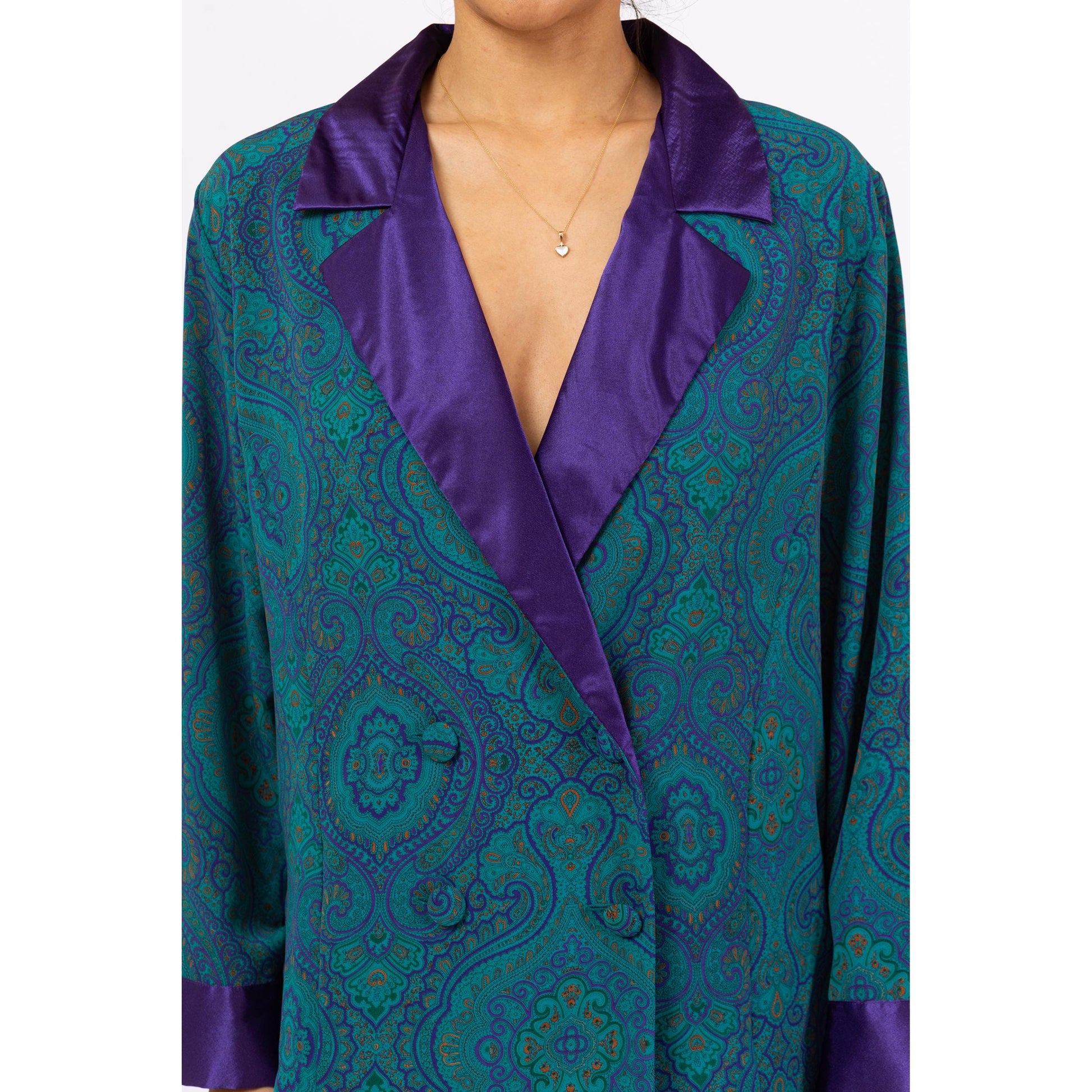 Vintage 90s Victoria's Secret Pajama Shirt & Pants Set - Small | Teal Purple Paisley Satin Trim Loungewear, Matching Two Piece Outfit