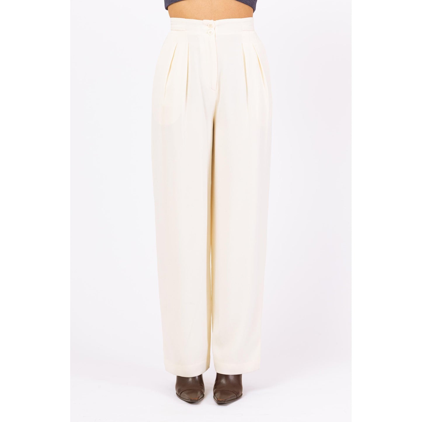 Vintage 90s Minimalist Ivory High Waisted Trousers - Extra Small, 24.5" Waist | Isabel Ardee Trousers, Pleated Straight Leg Pants