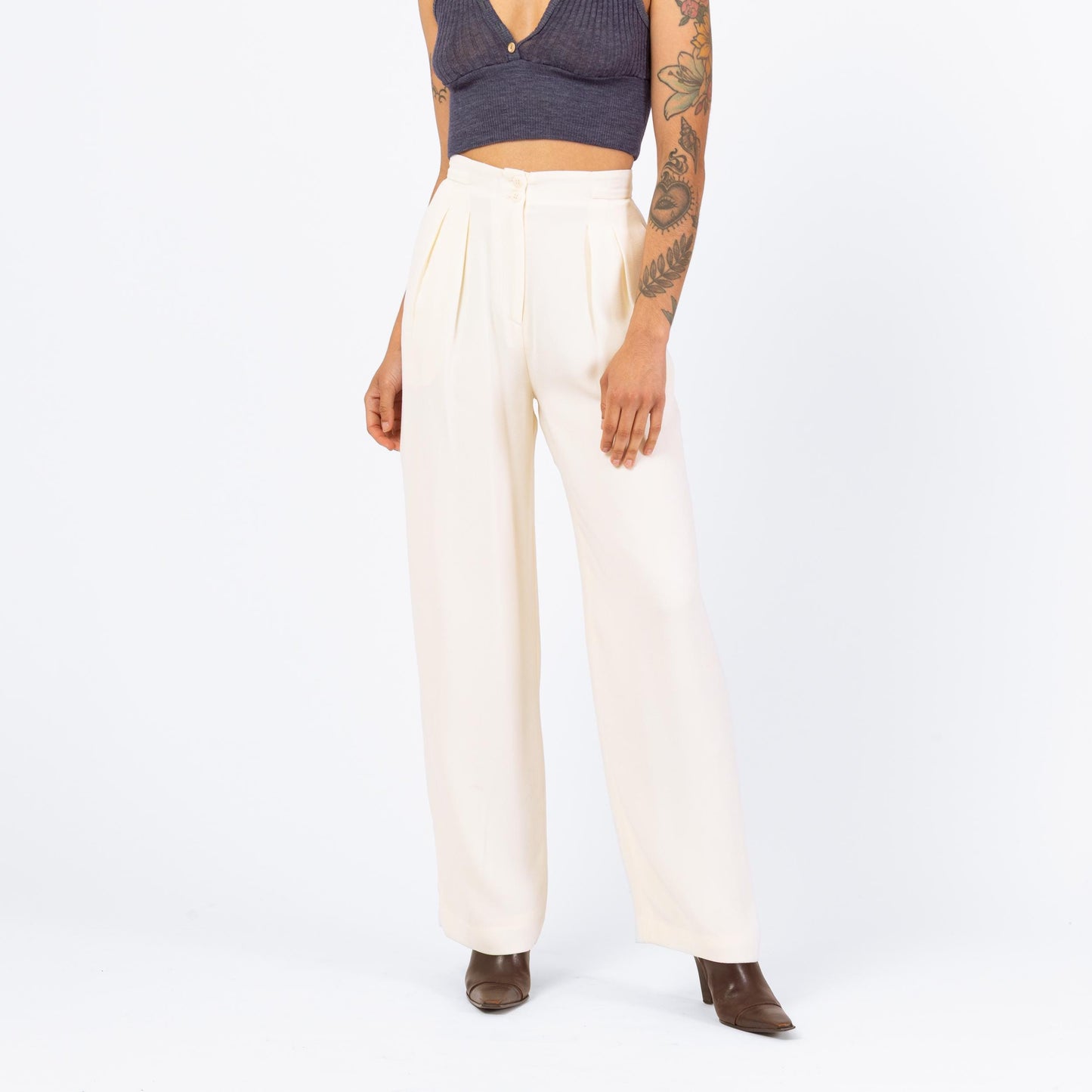 Vintage 90s Minimalist Ivory High Waisted Trousers - Extra Small, 24.5" Waist | Isabel Ardee Trousers, Pleated Straight Leg Pants