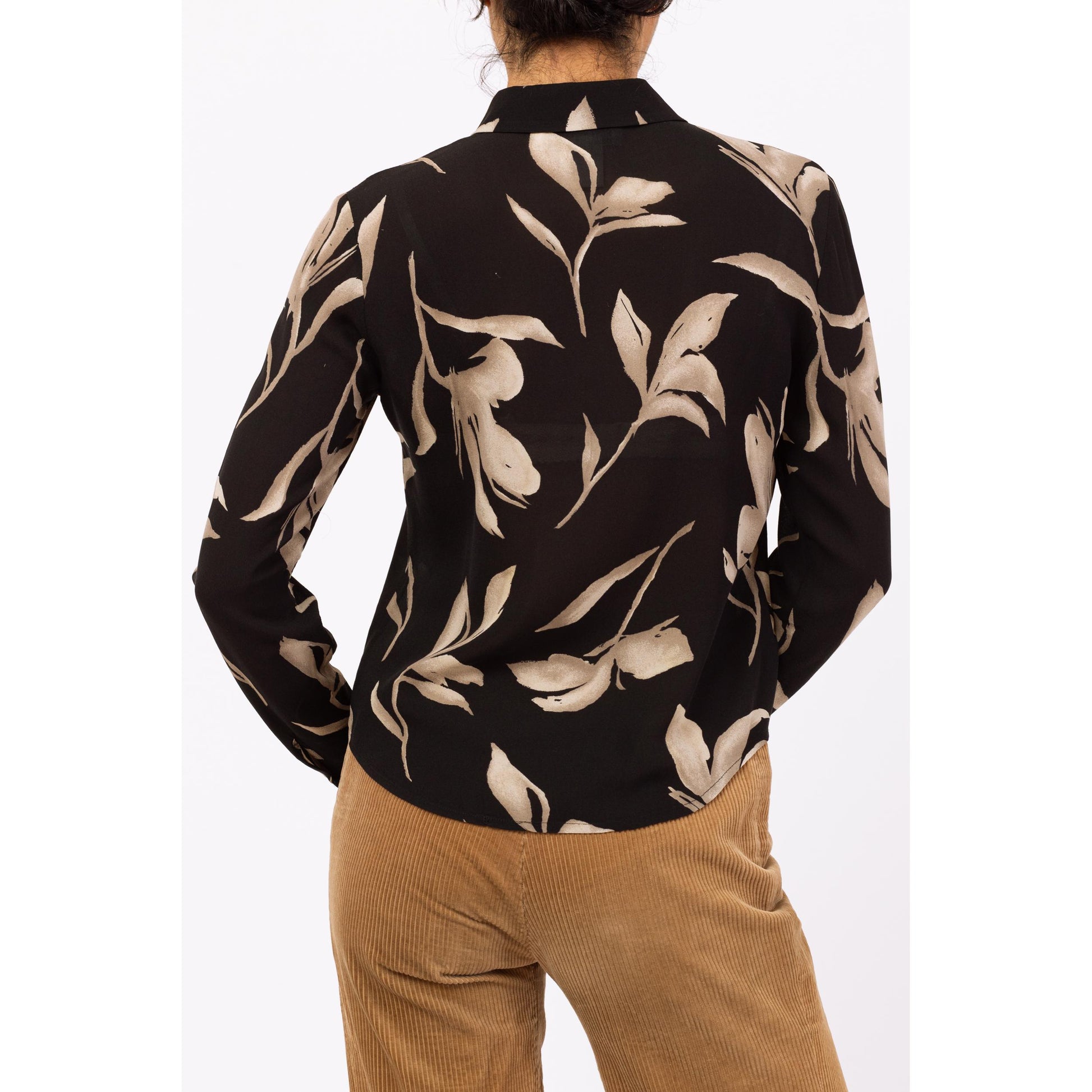 Vintage 90s Silk Black & Taupe Floral Blouse - Small | Long Sleeve Shirt, Collared Leaf Print Top