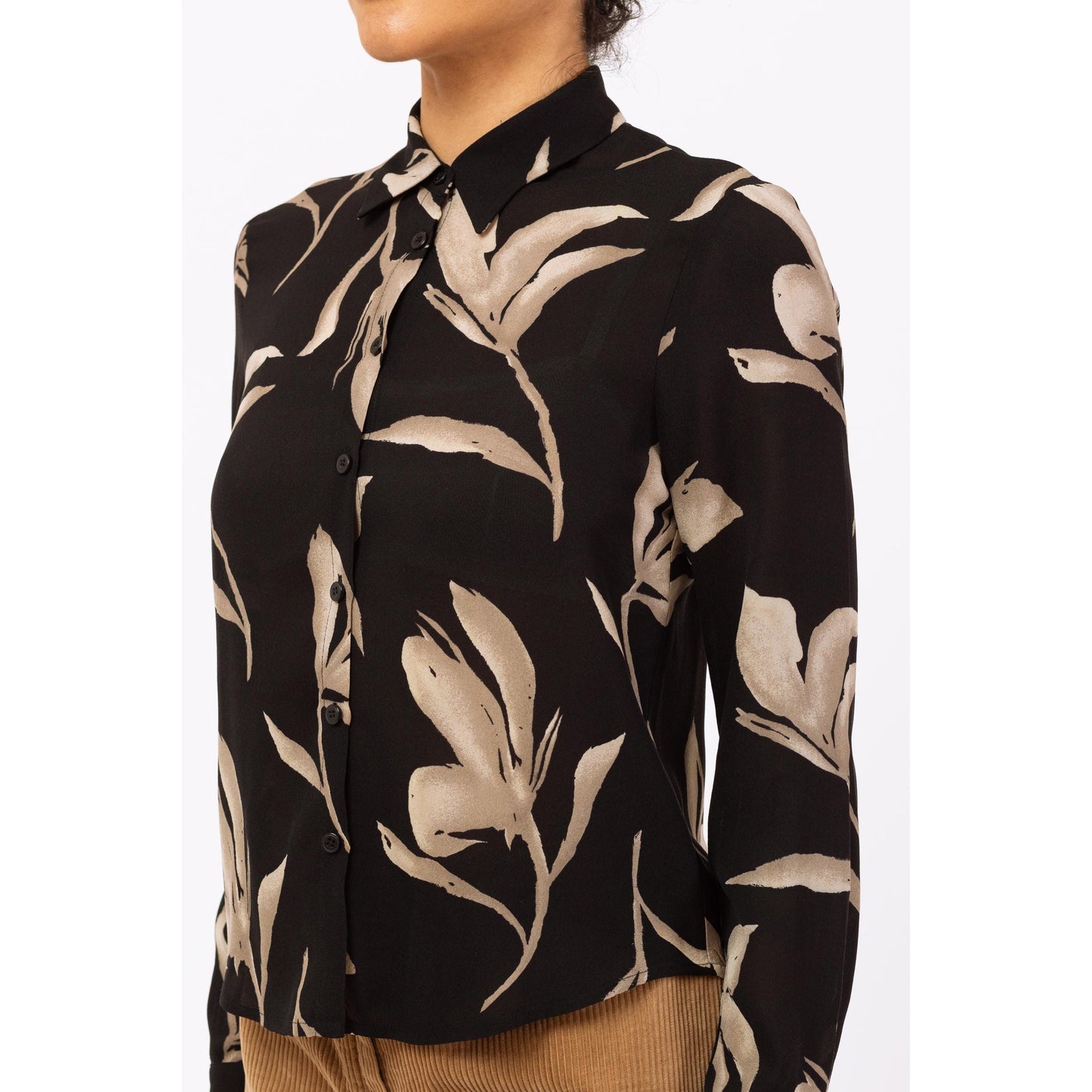 Vintage 90s Silk Black & Taupe Floral Blouse - Small | Long Sleeve Shirt, Collared Leaf Print Top