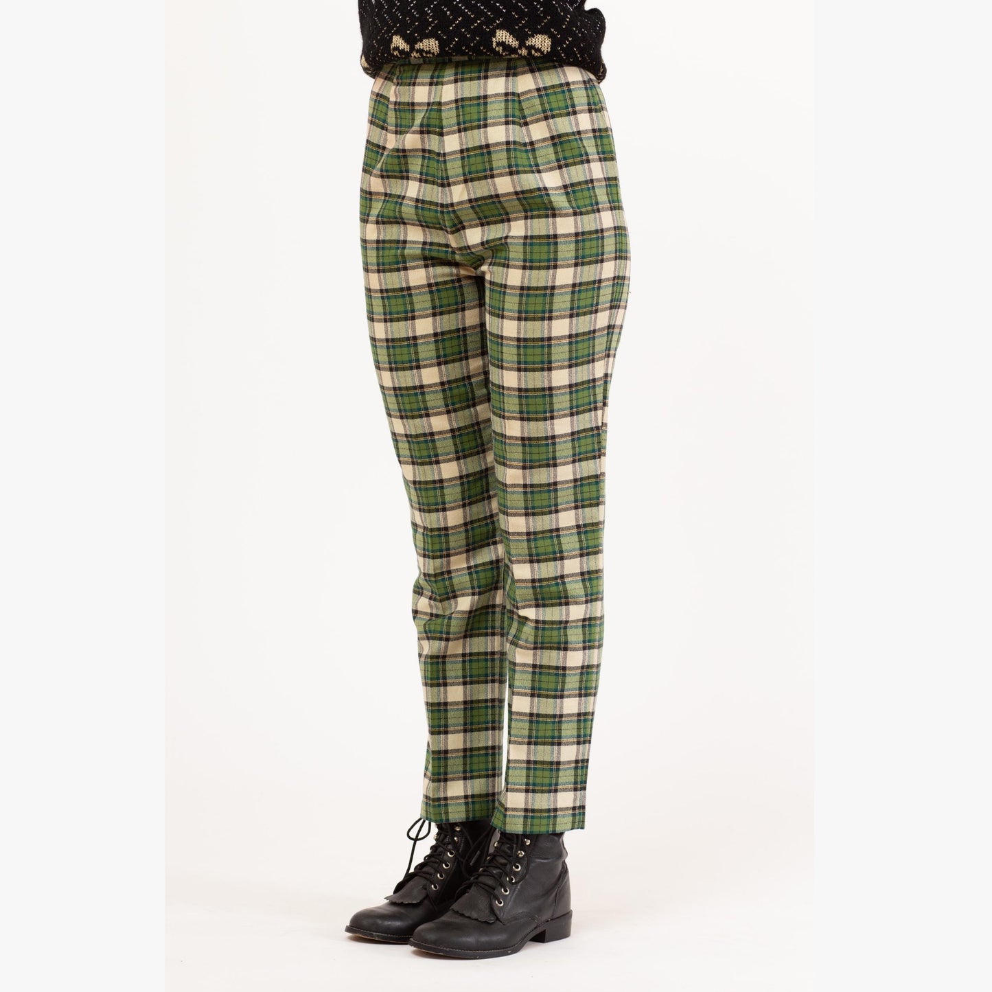 Vintage 60s Green Plaid Side Zip Cigarette Pants - Extra Small, 22"-24” Waist | Retro High Waisted Tapered Leg Trousers