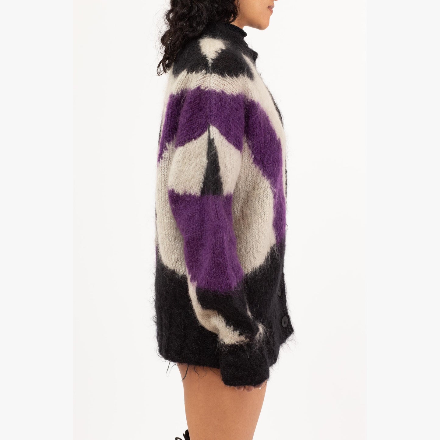 Vintage 80s Mohair Abstract Color Block Knit Cardigan - Extra Large | Button Up Long Oversize Sweater