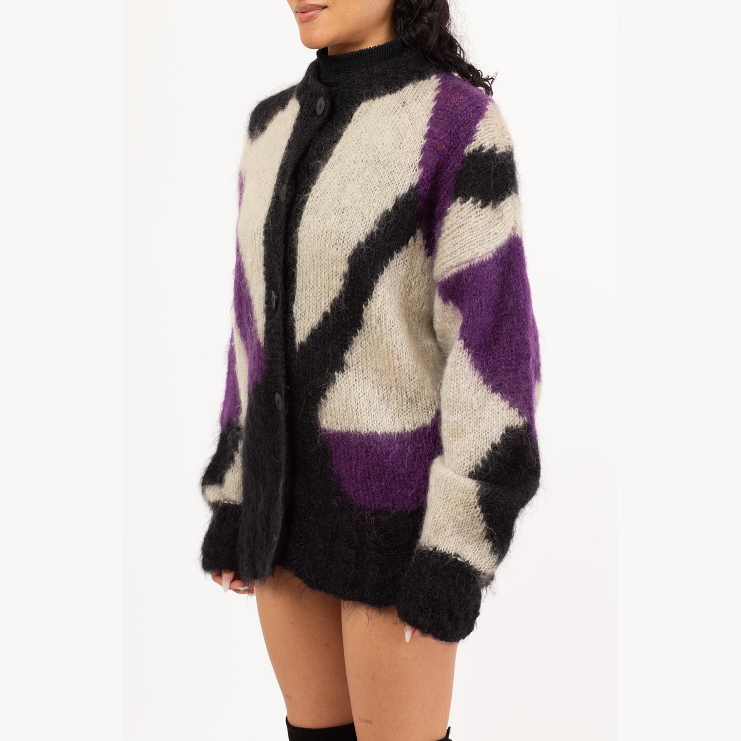 Vintage 80s Mohair Abstract Color Block Knit Cardigan - Extra Large | Button Up Long Oversize Sweater