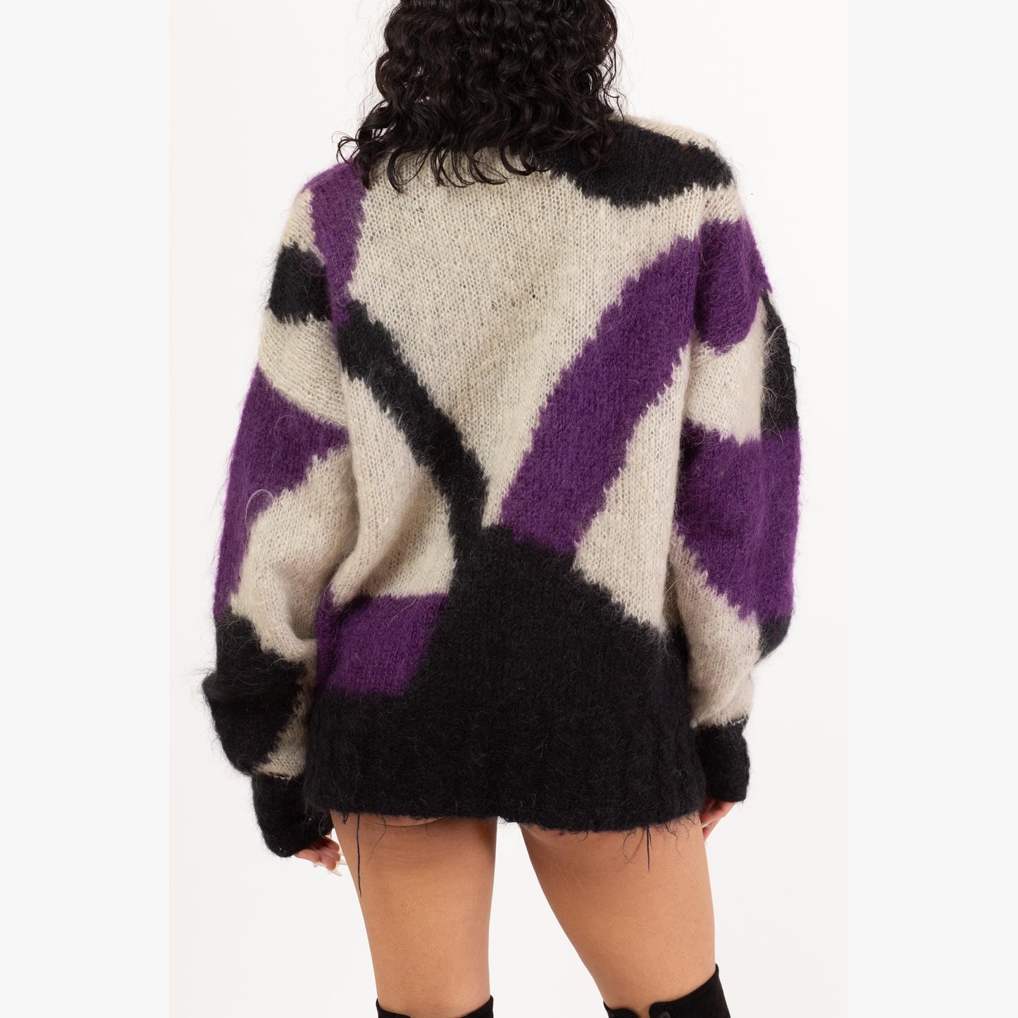 Vintage 80s Mohair Abstract Color Block Knit Cardigan - Extra Large | Button Up Long Oversize Sweater