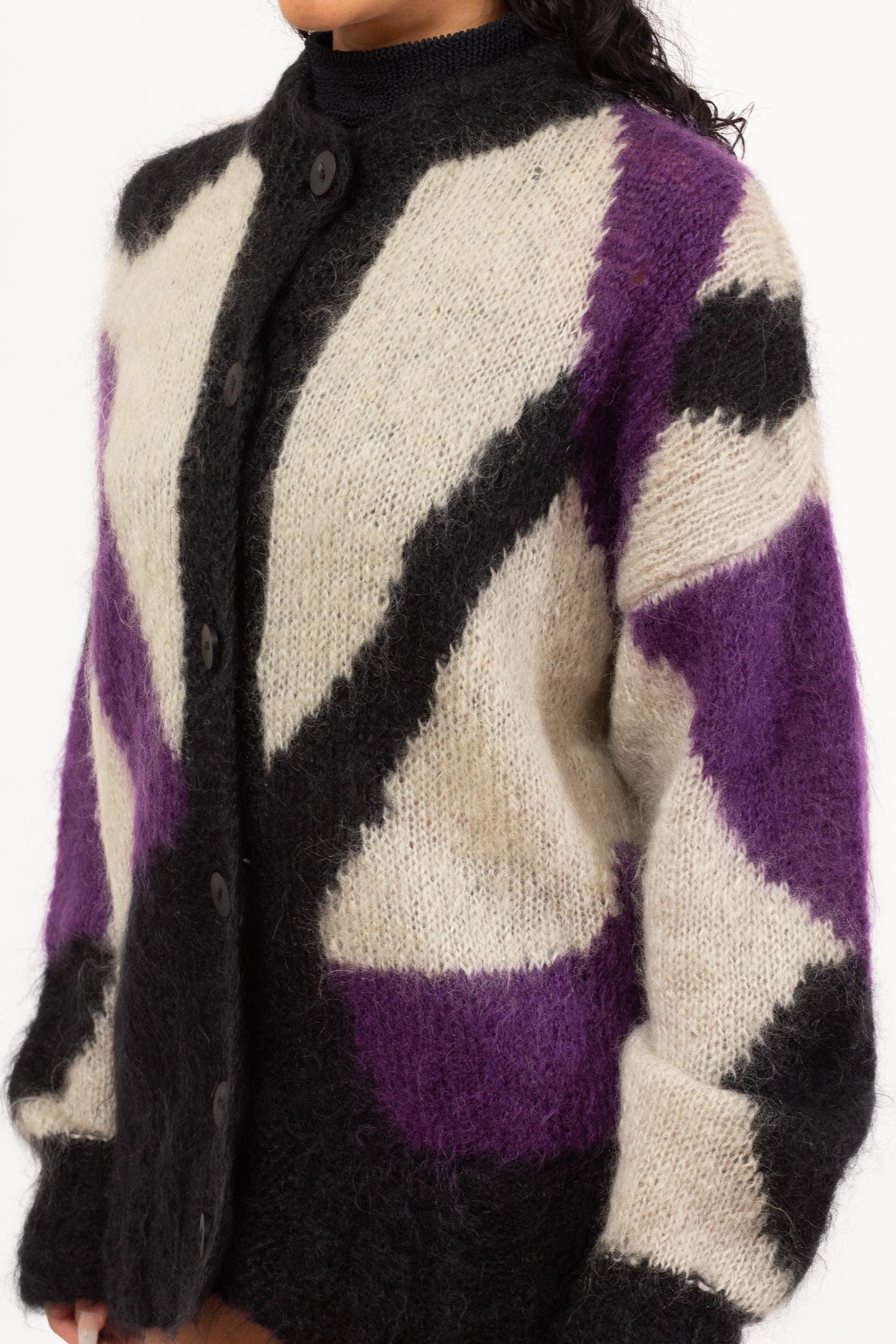Vintage 80s Mohair Abstract Color Block Knit Cardigan - Extra Large | Button Up Long Oversize Sweater