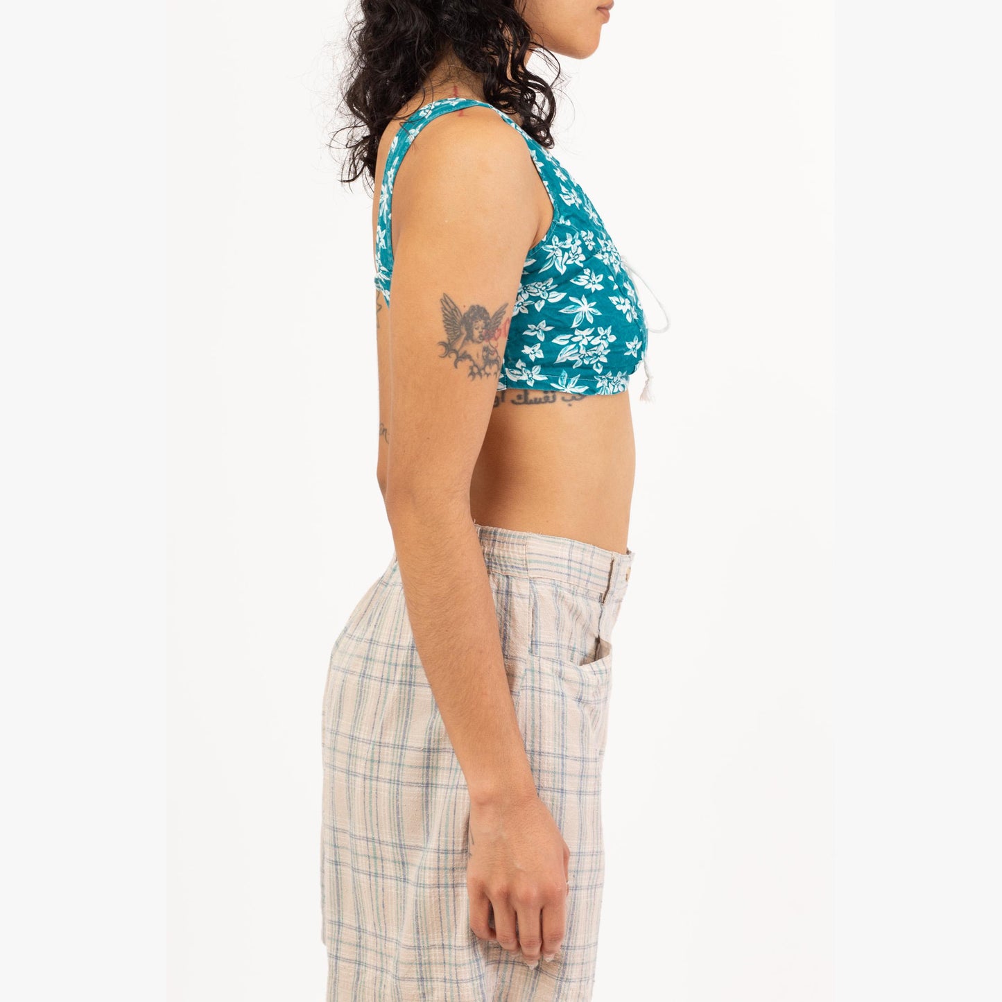 Vintage 90s Teal Floral Corset Crop Top - Small to Medium | Boho Sleeveless Tie Front Mini Bralette