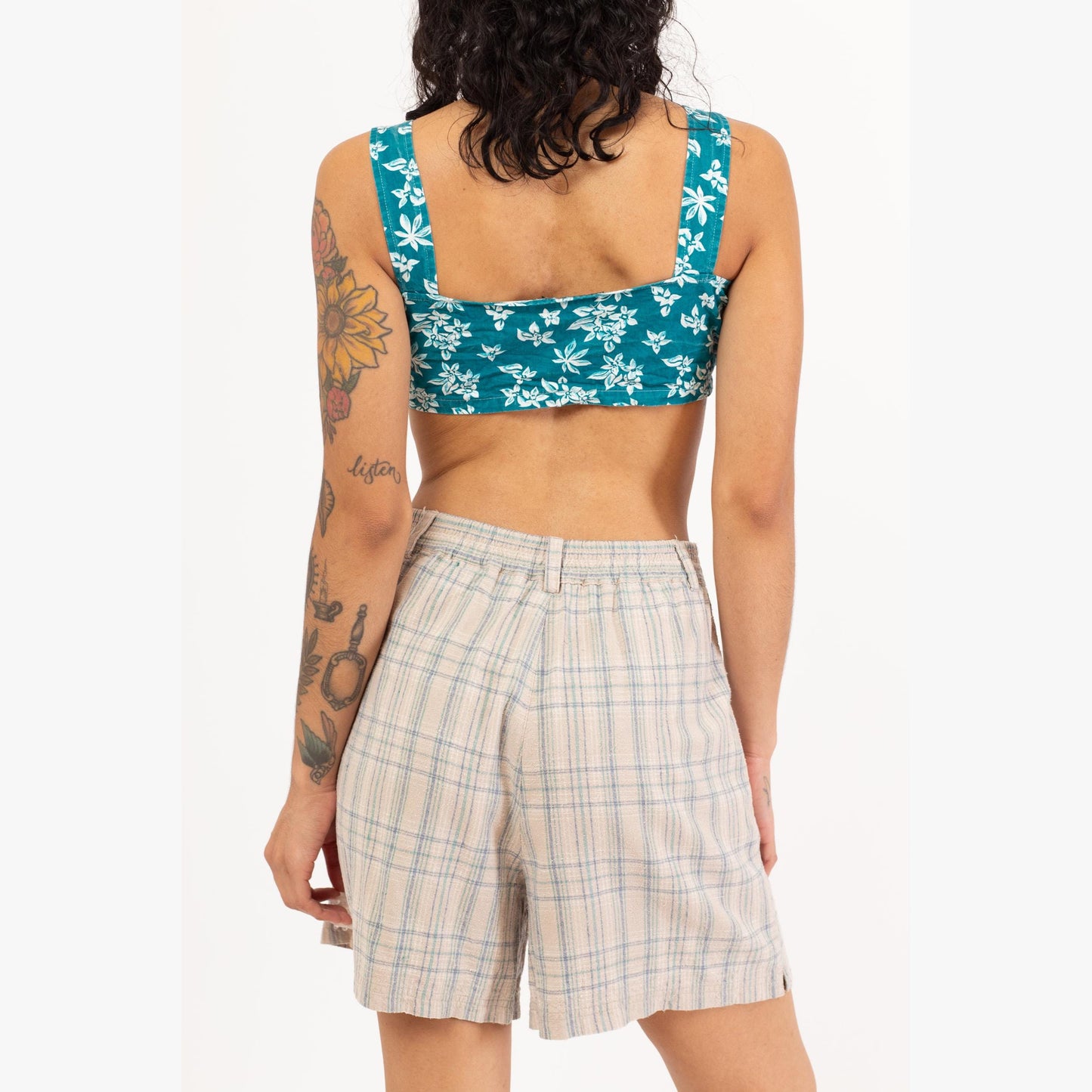 Vintage 90s Teal Floral Corset Crop Top - Small to Medium | Boho Sleeveless Tie Front Mini Bralette