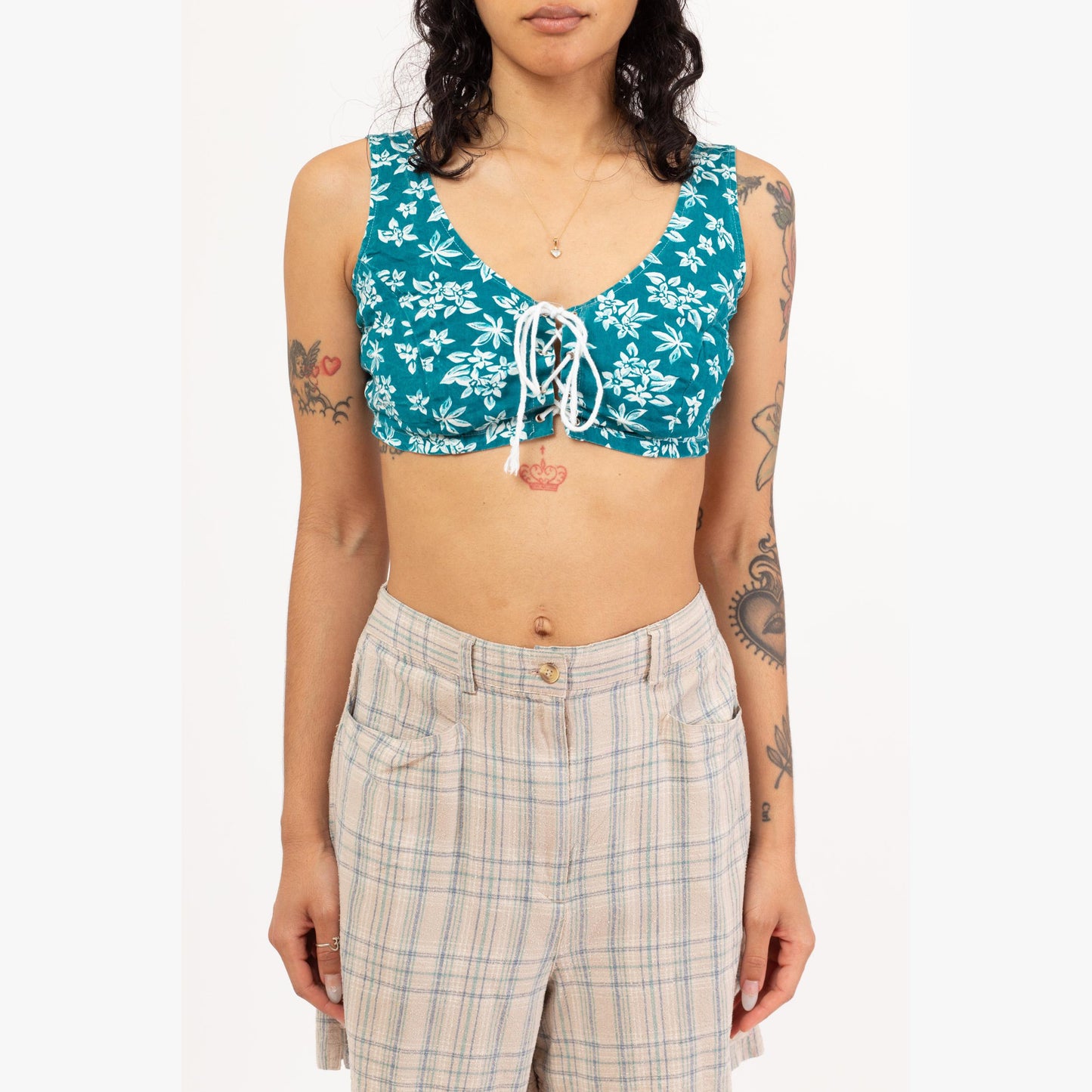 Vintage 90s Teal Floral Corset Crop Top - Small to Medium | Boho Sleeveless Tie Front Mini Bralette