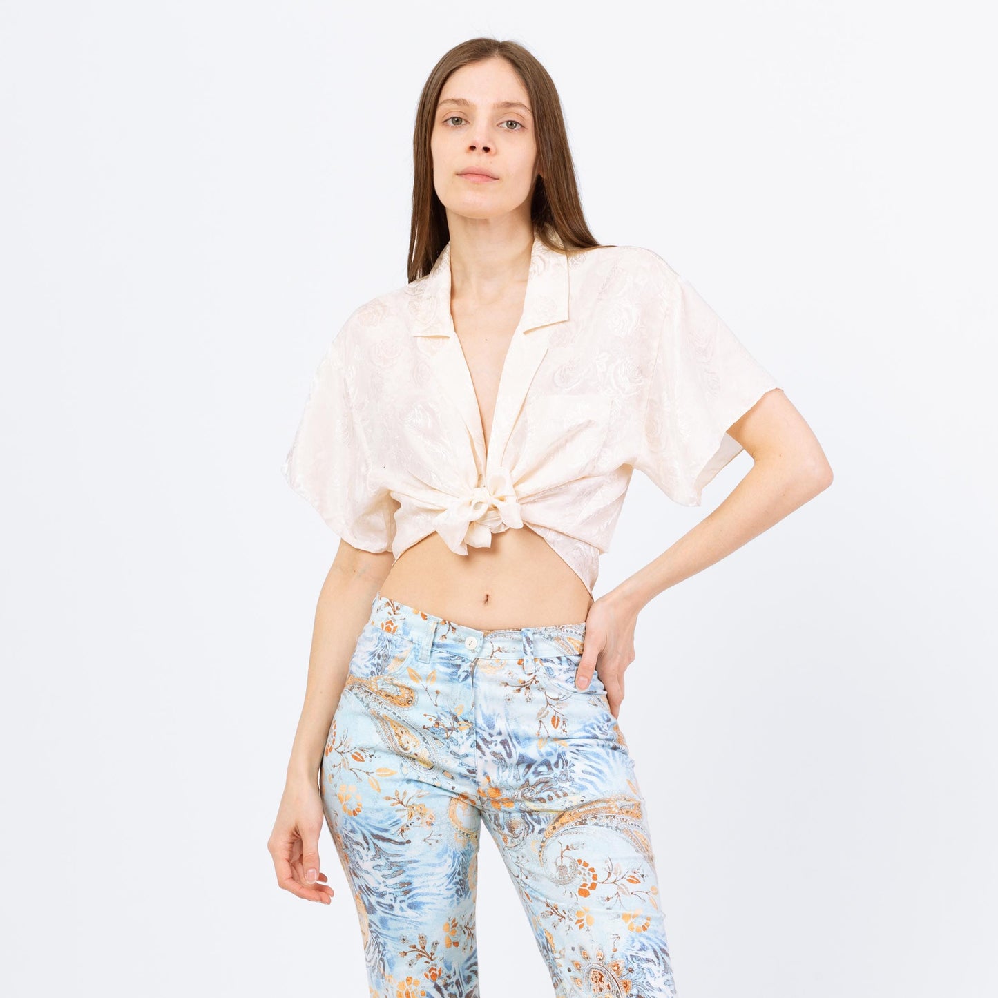 Vintage 80s Ivory Floral Satin Loungewear Blouse - Large
