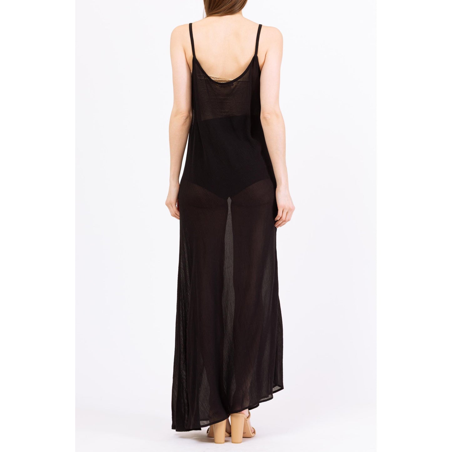 Vintage Y2K Sheer Black Linen Blend Maxi Dress - Small | Sleeveless Flowy Witchy Dress