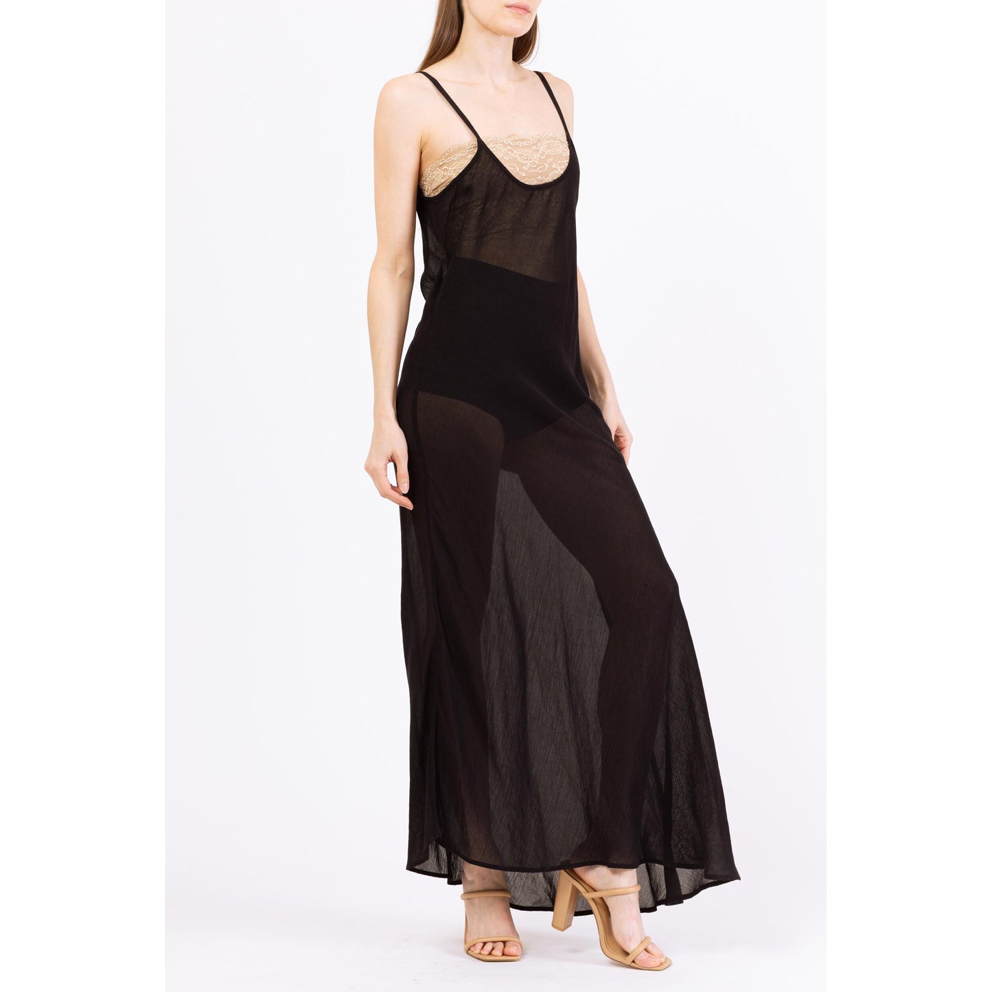 Vintage Y2K Sheer Black Linen Blend Maxi Dress - Small | Sleeveless Flowy Witchy Dress
