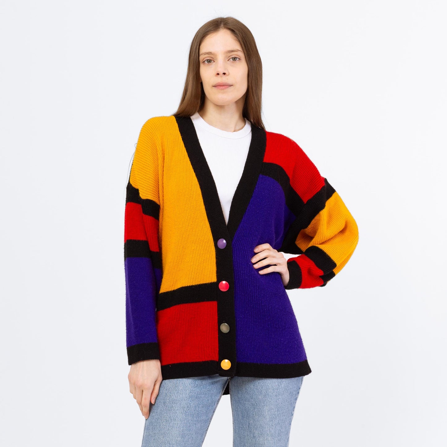 Vintage 80s Color Block Mondrian Cardigan - Small | Retro Oversize Geometric Knit Button Up Sweater