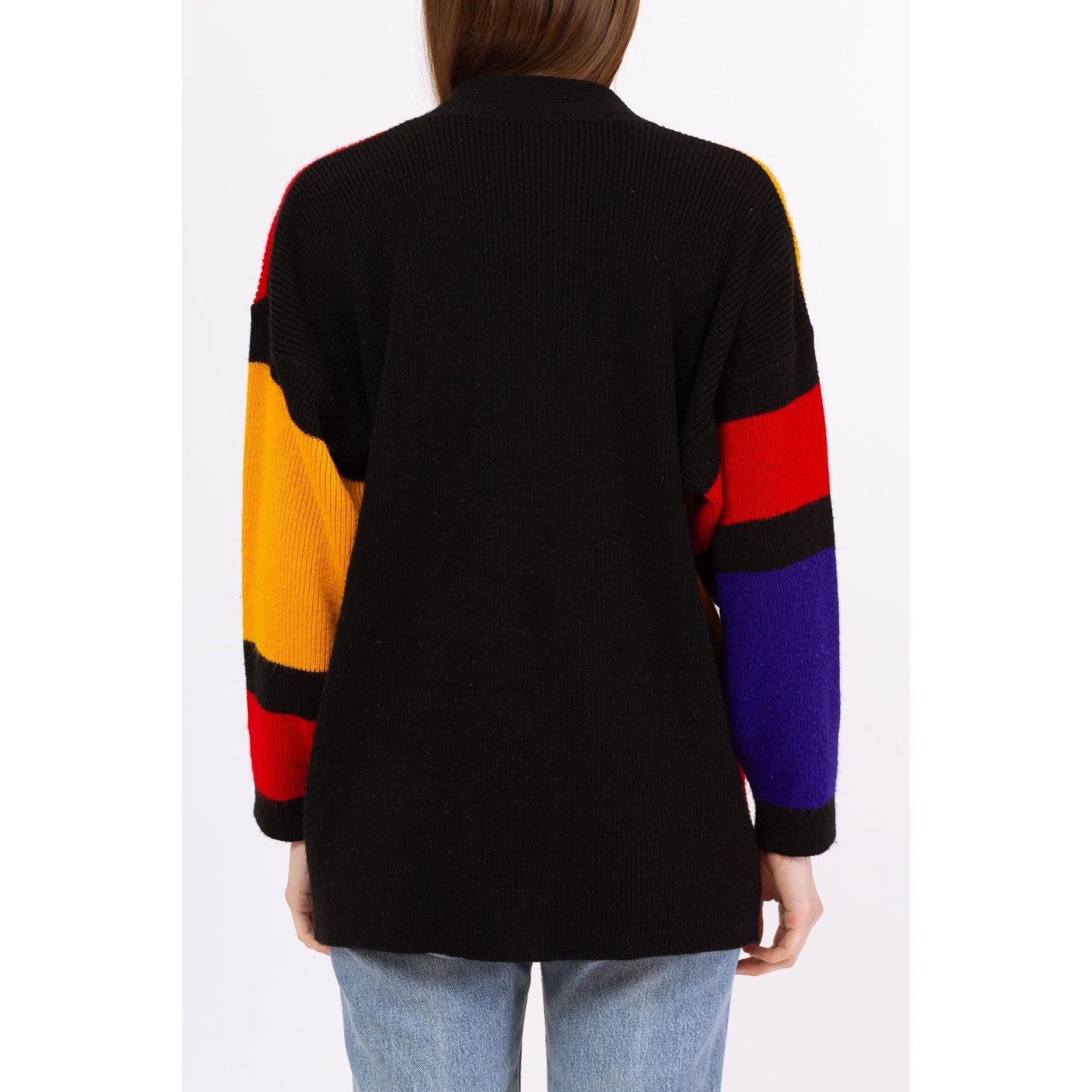 Vintage 80s Color Block Mondrian Cardigan - Small | Retro Oversize Geometric Knit Button Up Sweater