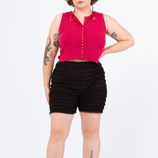 Vintage 70s Black Ruffle Bloomers Shorts - Large | Elastic Waist Cottagecore Lingerie Bottoms, High Rise Festival Burlesque Piece