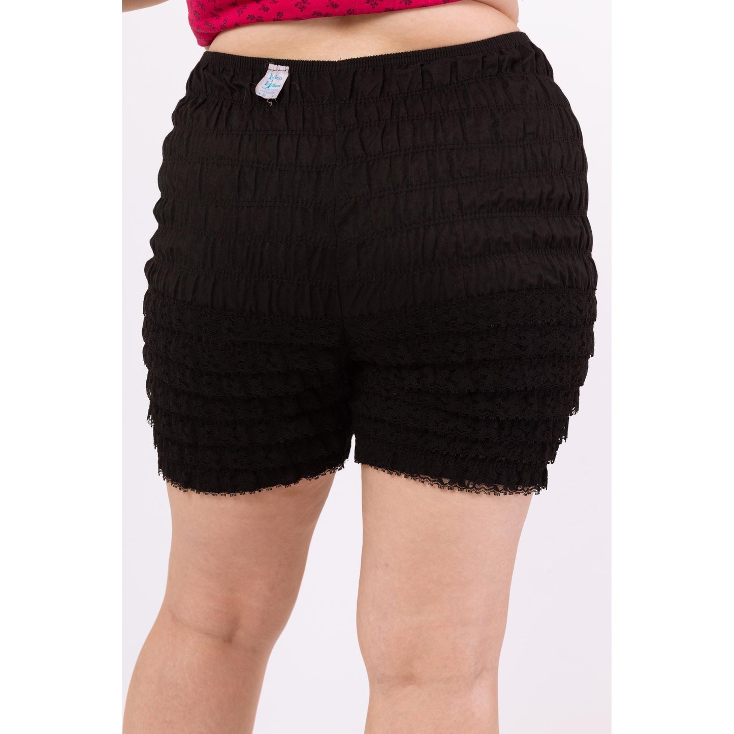 Vintage 70s Black Ruffle Bloomers Shorts - Large | Elastic Waist Cottagecore Lingerie Bottoms, High Rise Festival Burlesque Piece