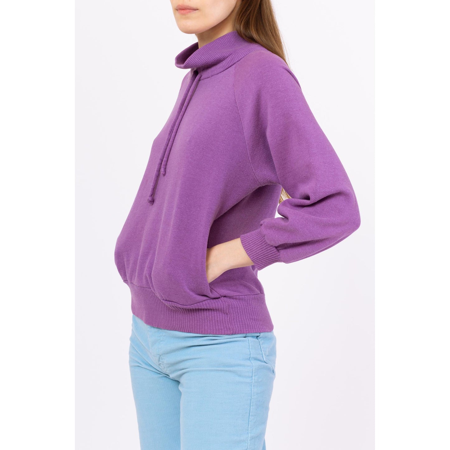 Vintage 80s Purple Funnel Neck Sweatshirt - Medium | Slouchy Drawstring Pullover, Raglan Sleeve Mockneck Sweater