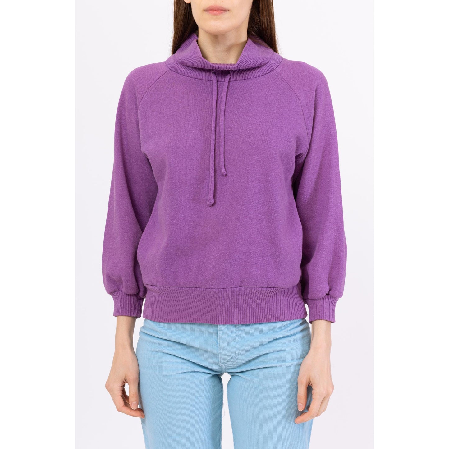 Vintage 80s Purple Funnel Neck Sweatshirt - Medium | Slouchy Drawstring Pullover, Raglan Sleeve Mockneck Sweater