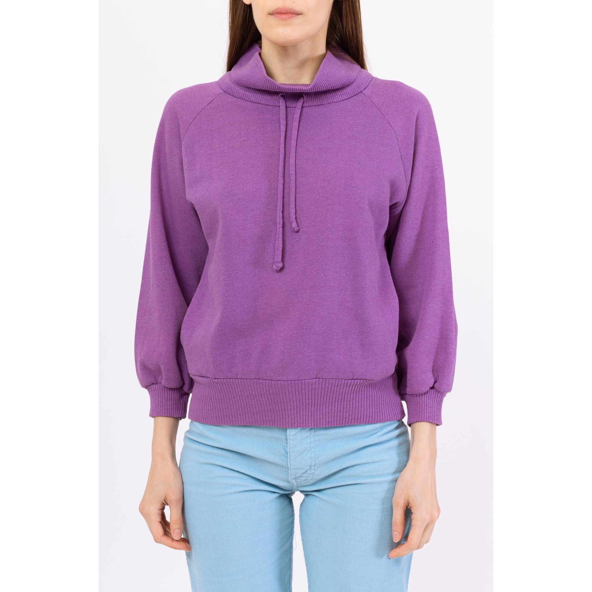 Vintage 80s Purple Funnel Neck Sweatshirt - Medium | Slouchy Drawstring Pullover, Raglan Sleeve Mockneck Sweater