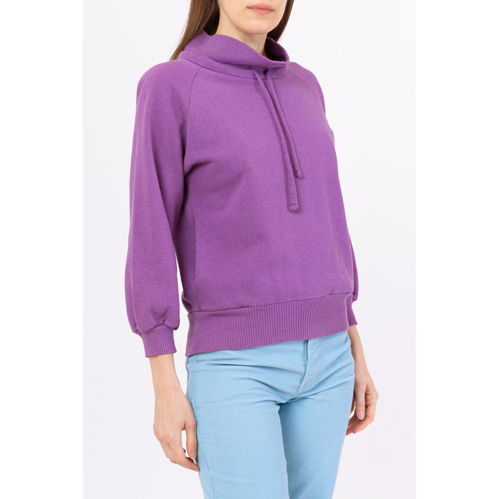 Vintage 80s Purple Funnel Neck Sweatshirt - Medium | Slouchy Drawstring Pullover, Raglan Sleeve Mockneck Sweater