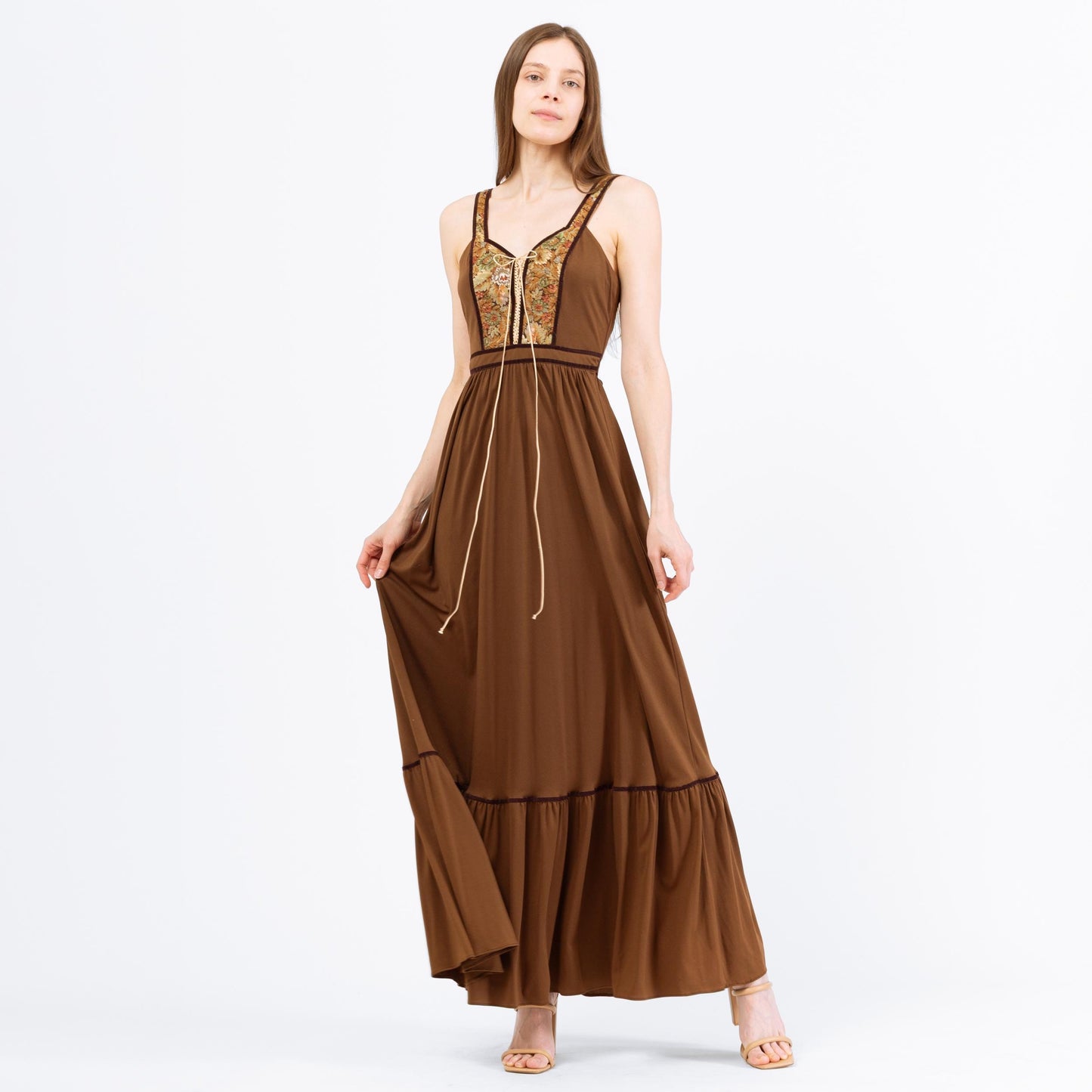 Vintage 70s Candi Jones Boho Brown Corset Maxi Dress - XS to Small | 1970s Floral Tapestry Romantic Cottagecore Prairie Peasant Dress