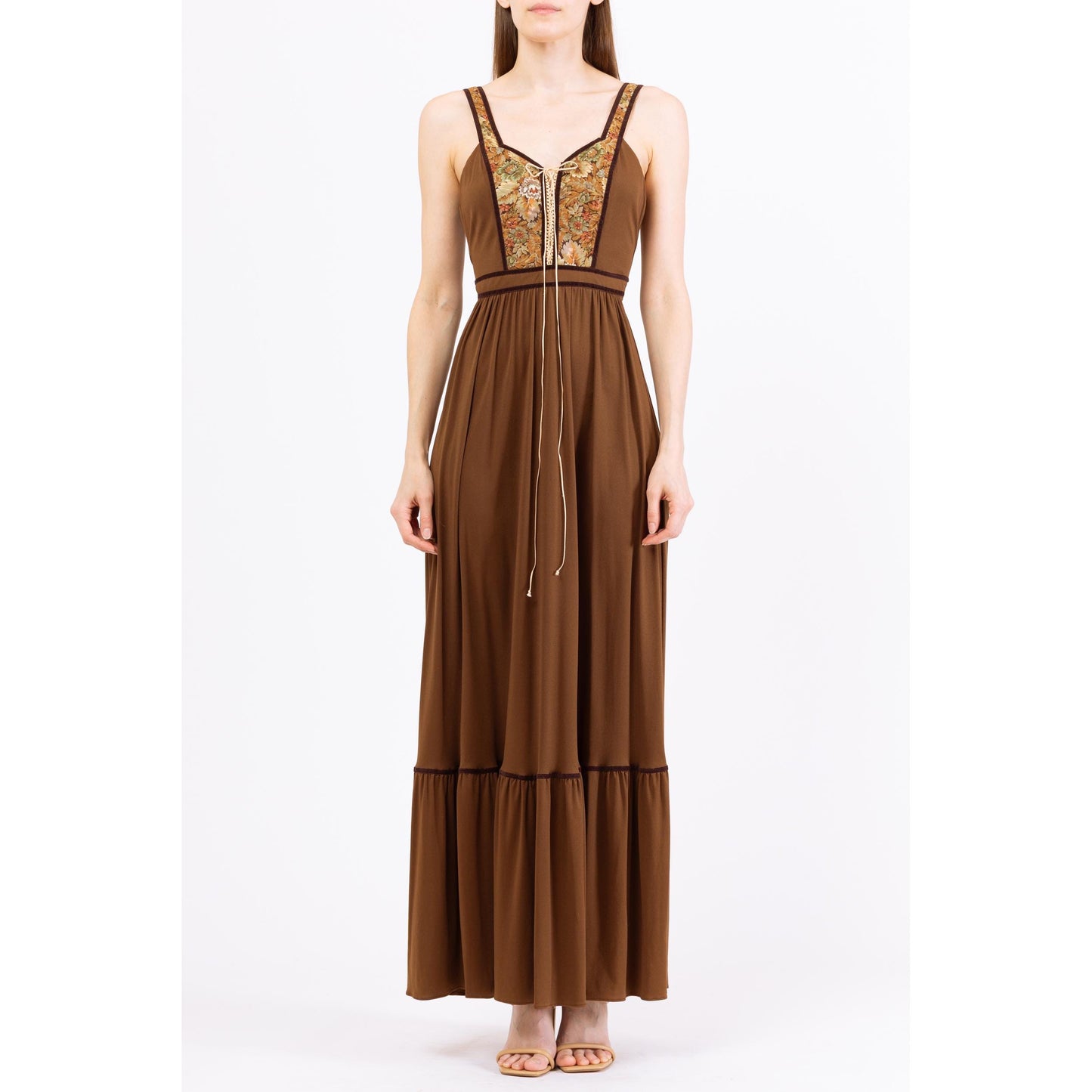 Vintage 70s Candi Jones Boho Brown Corset Maxi Dress - XS to Small | 1970s Floral Tapestry Romantic Cottagecore Prairie Peasant Dress