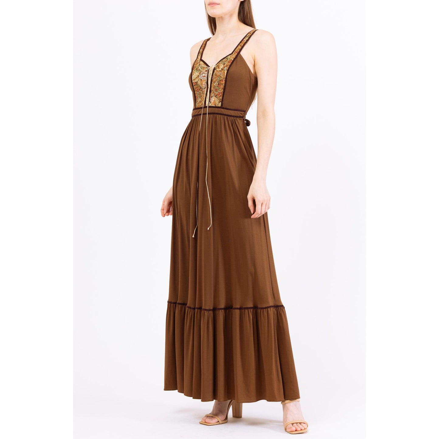 Vintage 70s Candi Jones Boho Brown Corset Maxi Dress - XS to Small | 1970s Floral Tapestry Romantic Cottagecore Prairie Peasant Dress