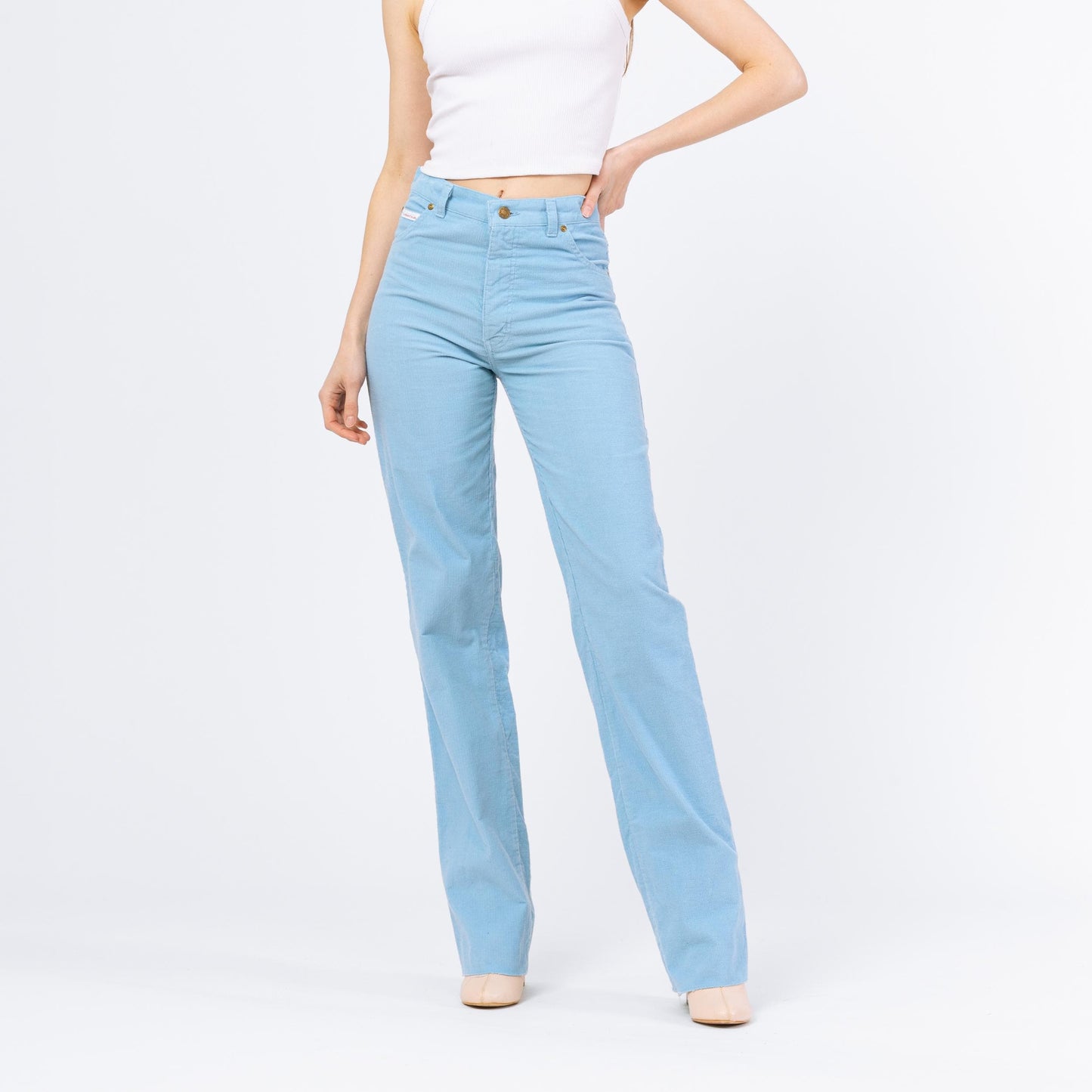 Vintage 80s Light Blue Corduroy High Waisted Pants - Small | Straight Leg Trousers, Tall Long Inseam Mid High Rise Cords