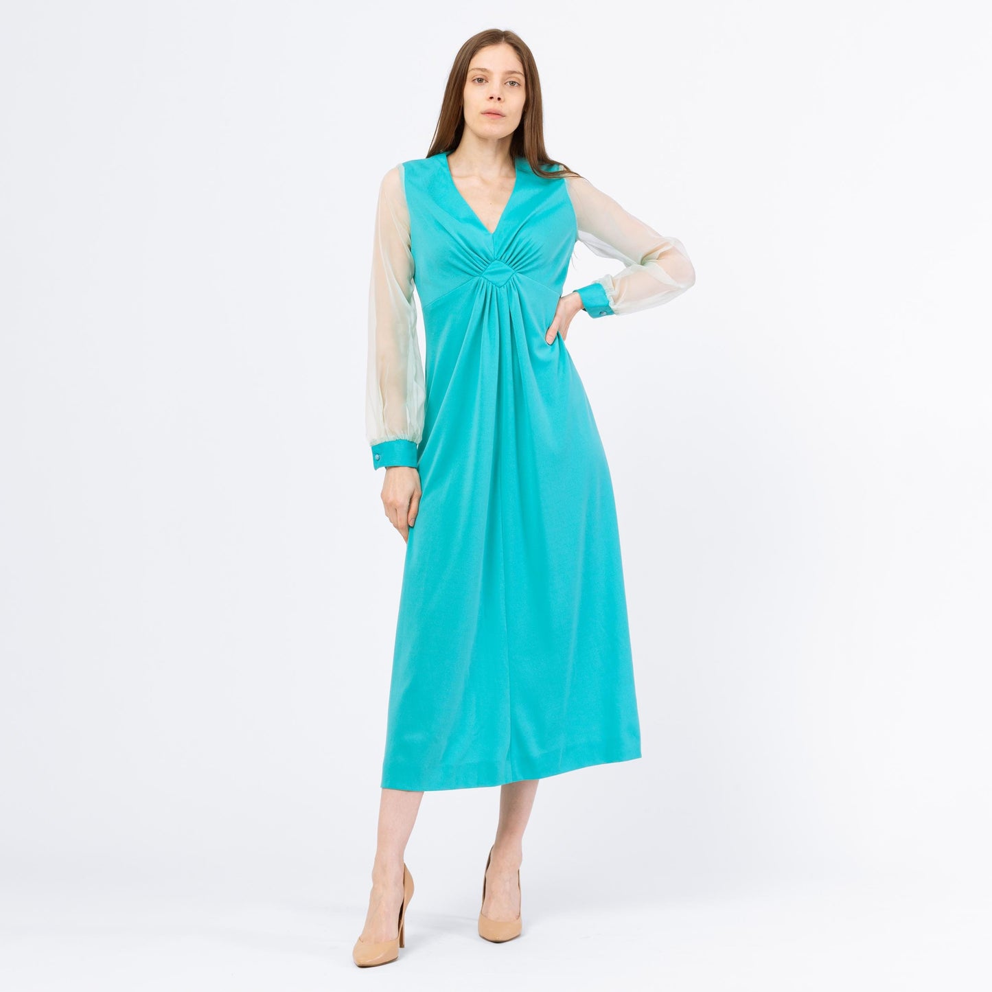 Vintage 70s Turquoise Sheer Sleeve Maxi Dress - Medium | Blue Long Sleeve Empire Waist Gown, 1970s Disco Party Prom Dress