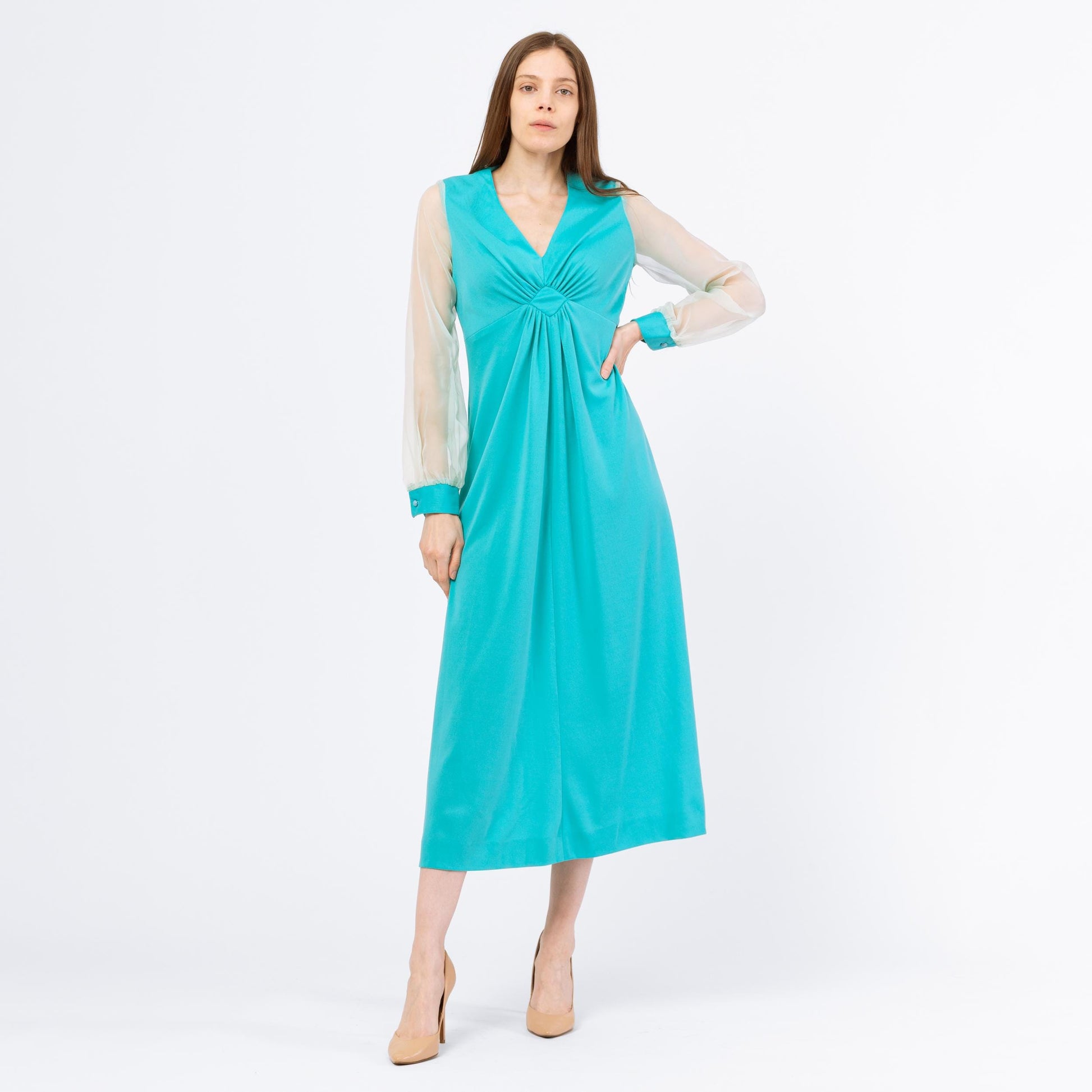 Vintage 70s Turquoise Sheer Sleeve Maxi Dress - Medium | Blue Long Sleeve Empire Waist Gown, 1970s Disco Party Prom Dress