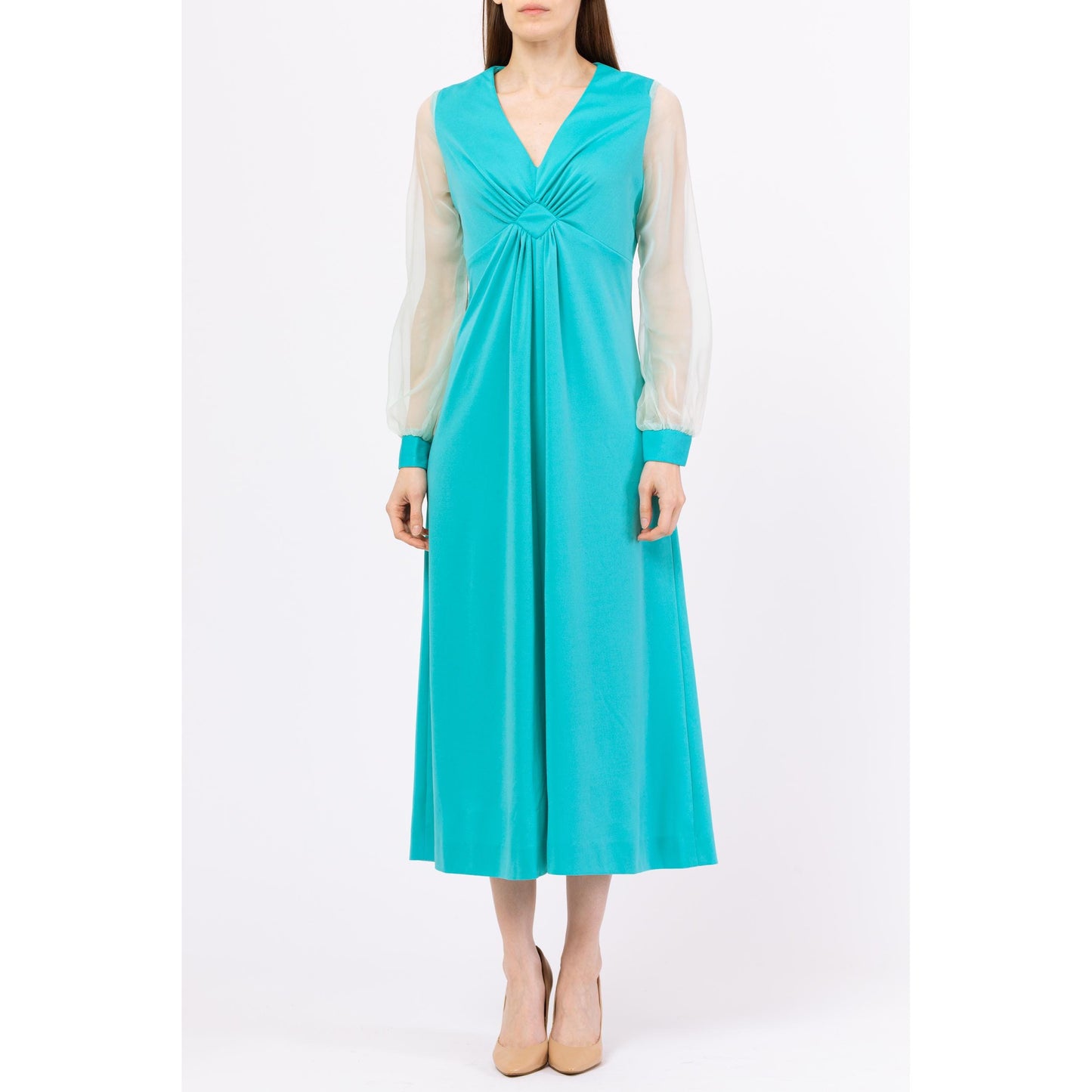 Vintage 70s Turquoise Sheer Sleeve Maxi Dress - Medium | Blue Long Sleeve Empire Waist Gown, 1970s Disco Party Prom Dress
