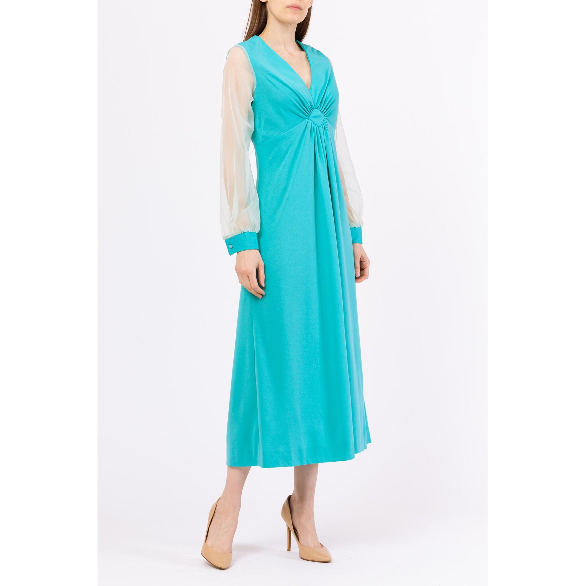Vintage 70s Turquoise Sheer Sleeve Maxi Dress - Medium | Blue Long Sleeve Empire Waist Gown, 1970s Disco Party Prom Dress