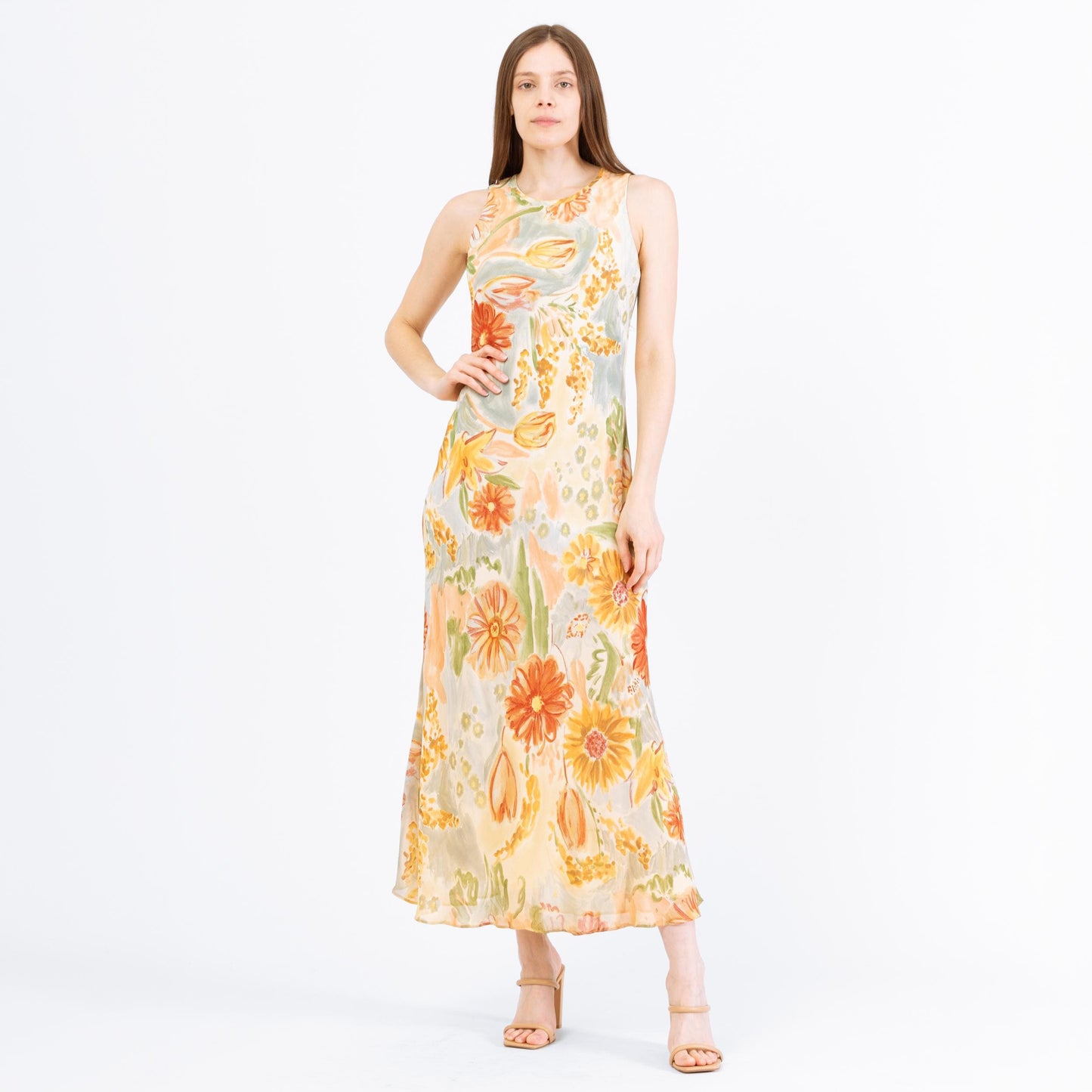 Vintage 90s Boho Watercolor Floral Maxi Sundress - Medium | Sleeveless Bias Cut Long Summer Dress, Wedding Guest Dress