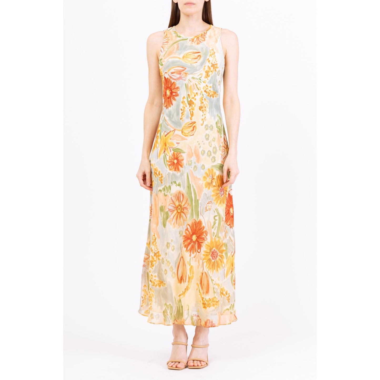 Vintage 90s Boho Watercolor Floral Maxi Sundress - Medium | Sleeveless Bias Cut Long Summer Dress, Wedding Guest Dress