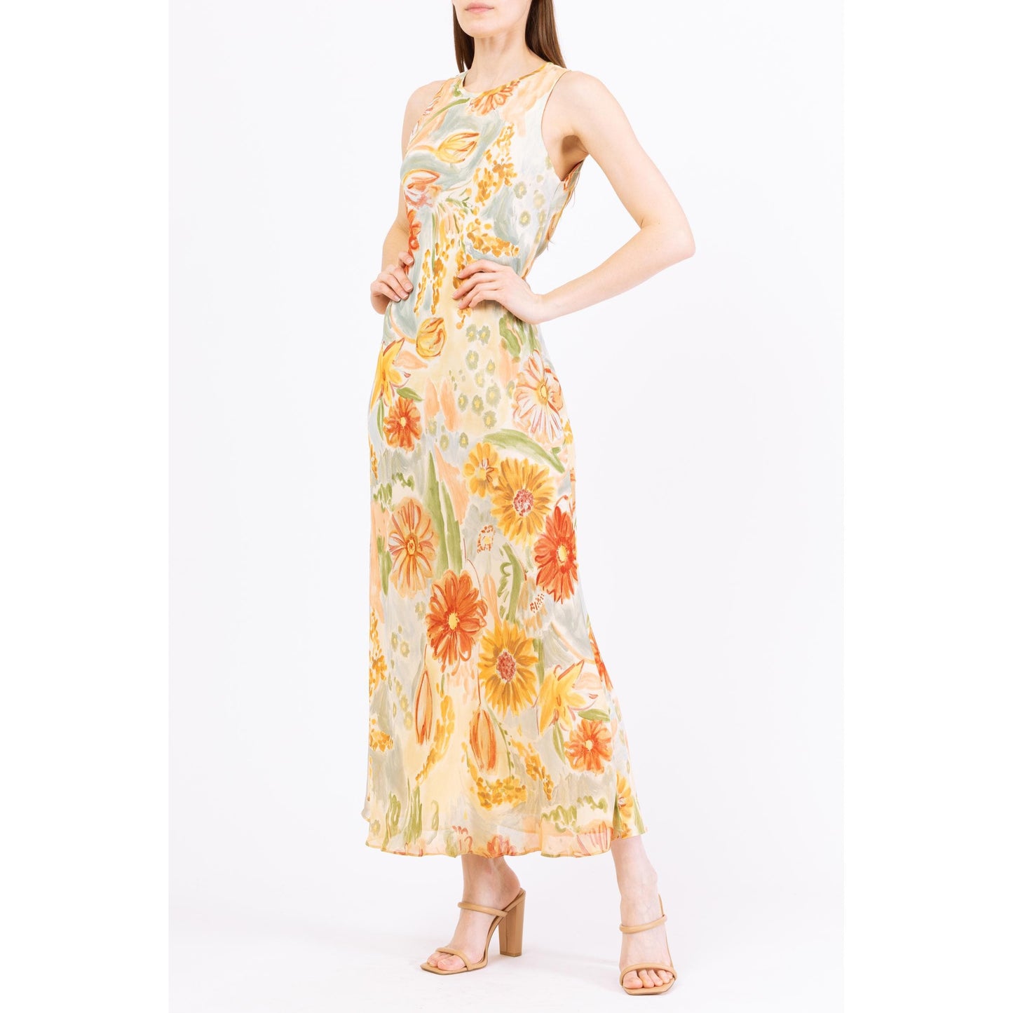 Vintage 90s Boho Watercolor Floral Maxi Sundress - Medium | Sleeveless Bias Cut Long Summer Dress, Wedding Guest Dress
