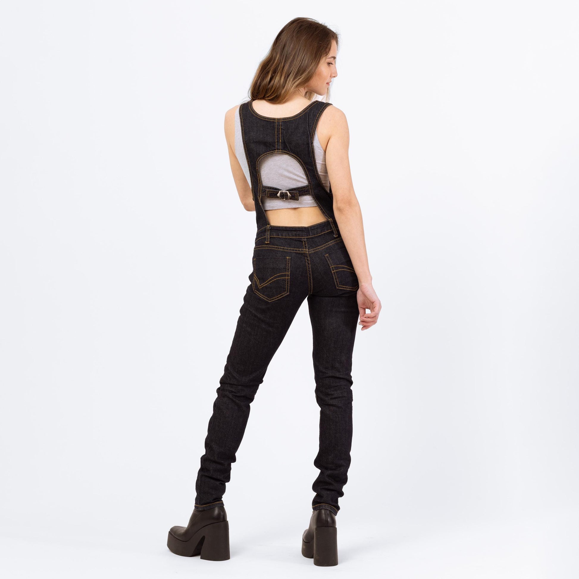Vintage Y2K Dark Wash Skinny Jean Overalls - Extra Small | Indie Sleaze Denim Pinafore Open Back Jumpsuit