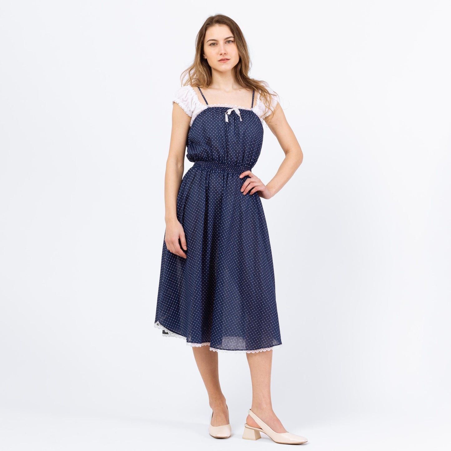 Vintage 70s Navy Blue Polka Dot Midi Sundress - Extra Small | Sleeveless Cottagecore Prairie Dress, Lace Trim Fit & Flare Retro Dress