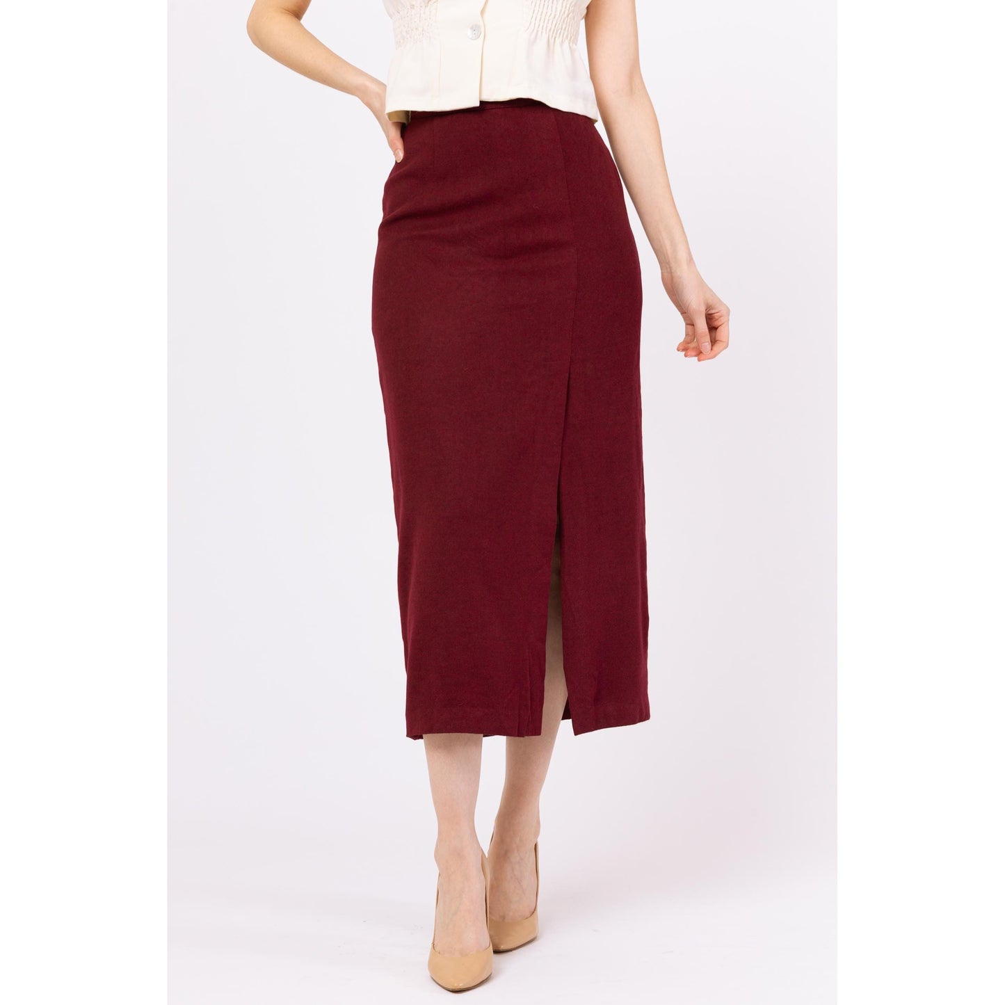 Vintage 90s Burberry Wine Red High Slit Midi Pencil Skirt - Small, 26.5" Waist | Designer Minimalist Cashmere Fitted Straight Office Skirt
