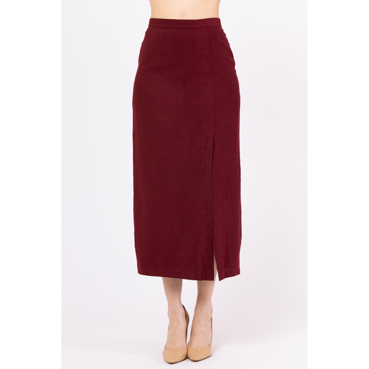 Vintage 90s Burberry Wine Red High Slit Midi Pencil Skirt - Small, 26.5" Waist | Designer Minimalist Cashmere Fitted Straight Office Skirt