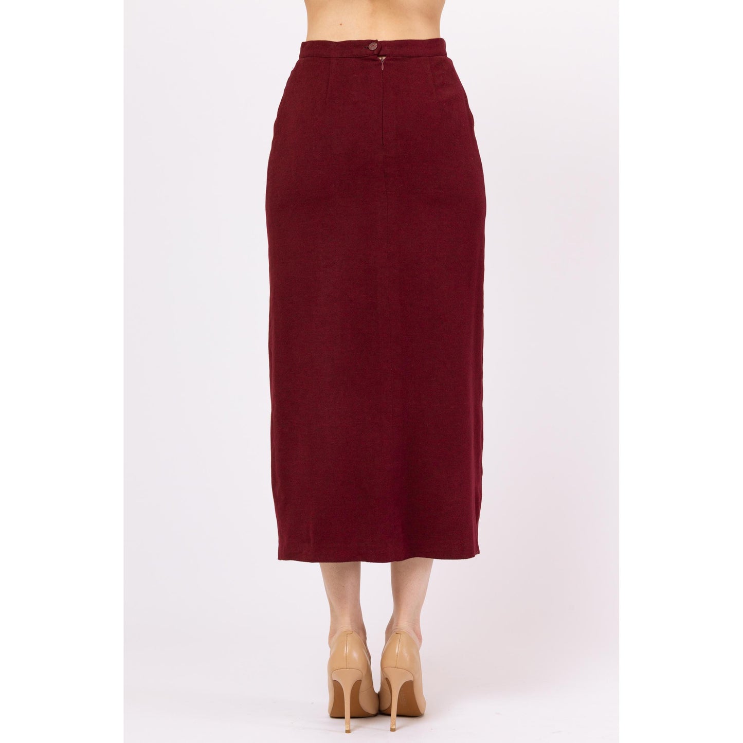 Vintage 90s Burberry Wine Red High Slit Midi Pencil Skirt - Small, 26.5" Waist | Designer Minimalist Cashmere Fitted Straight Office Skirt
